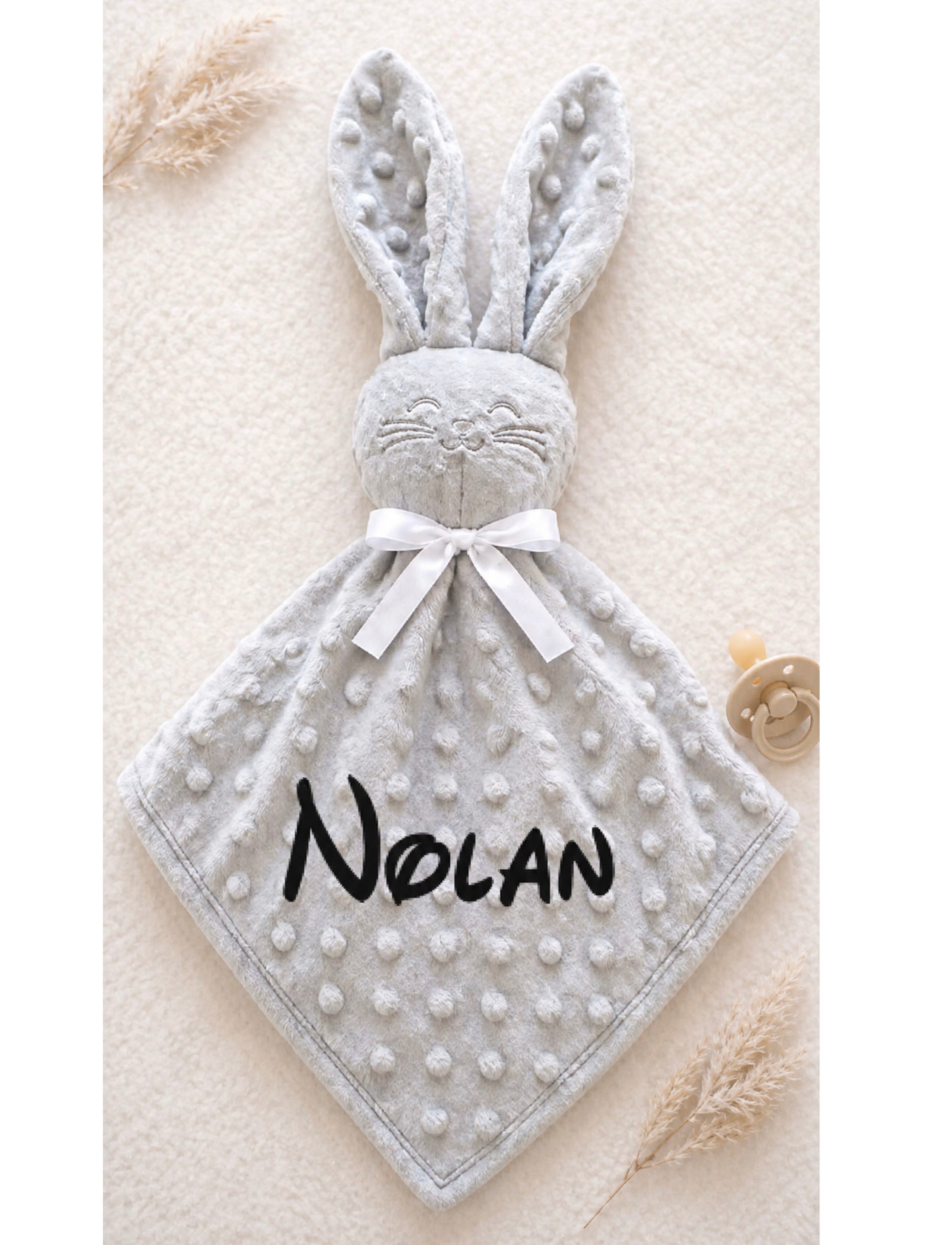 Doudou Lapin Gris minky coton personnalisé