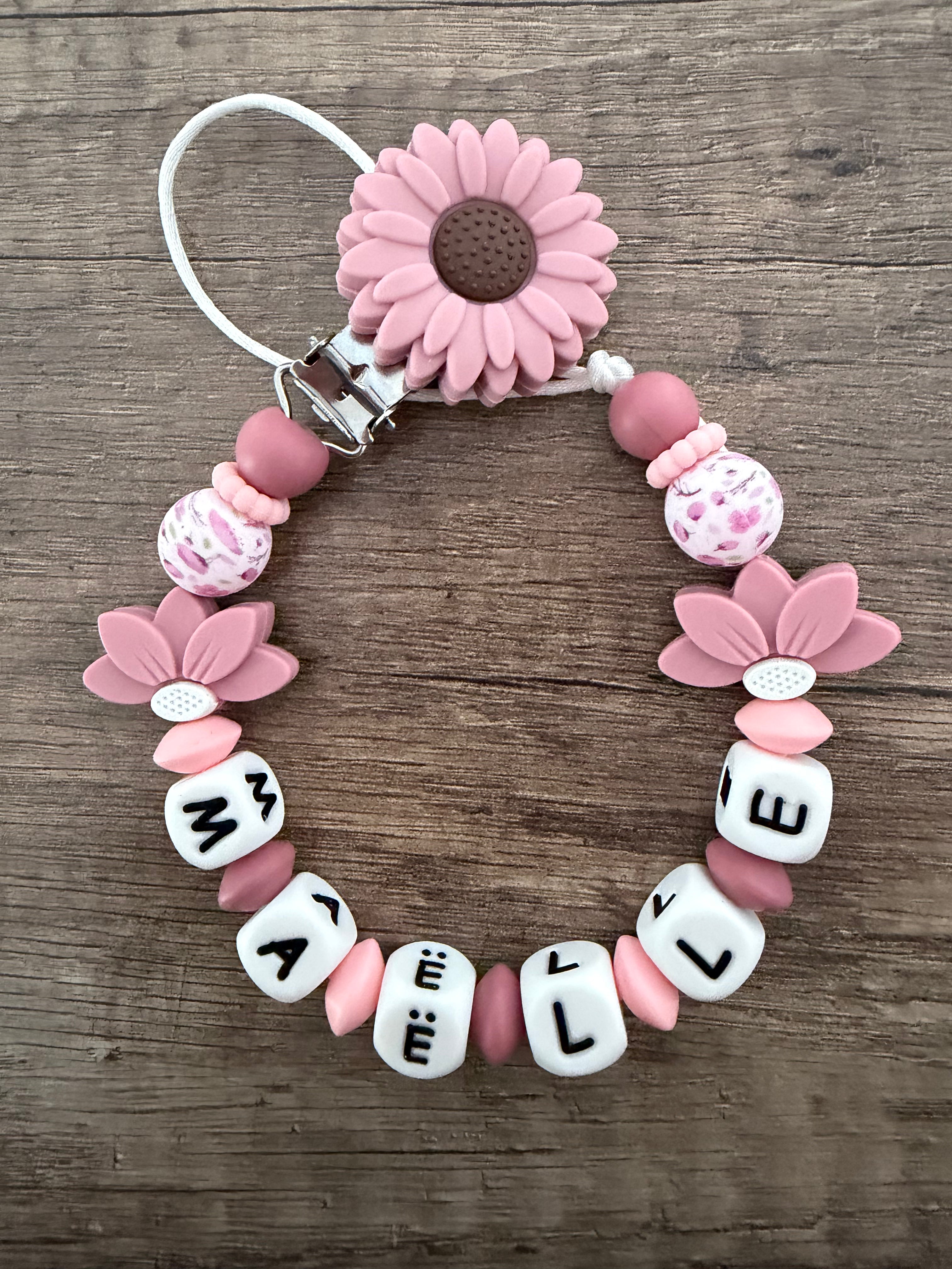 Attache tétine Fleurs beige rose tournesol personnalisée