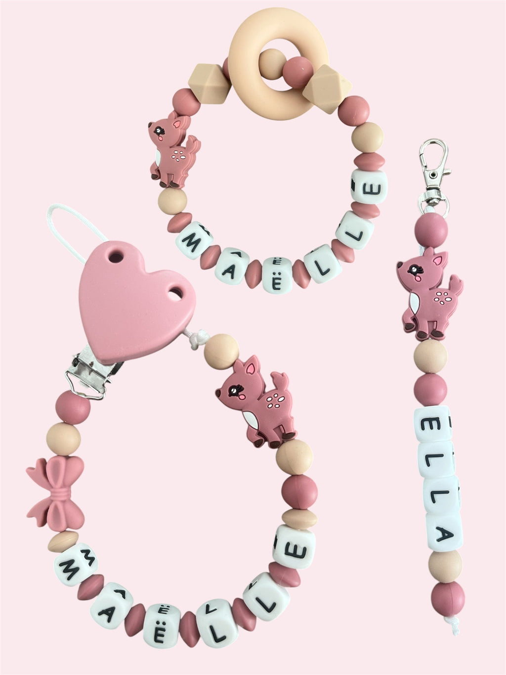 Coffret TRIO cadeaux Couronne Rose - Attache tétine, Porte-clés et anneau de dentition personnalisés KidCreationArtisanat