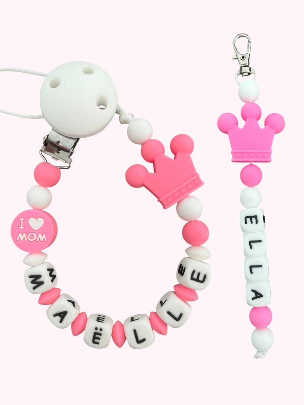Coffret DUO couronne rose - Attache tétine et Porte-clés à personnaliser KidCreationArtisanat