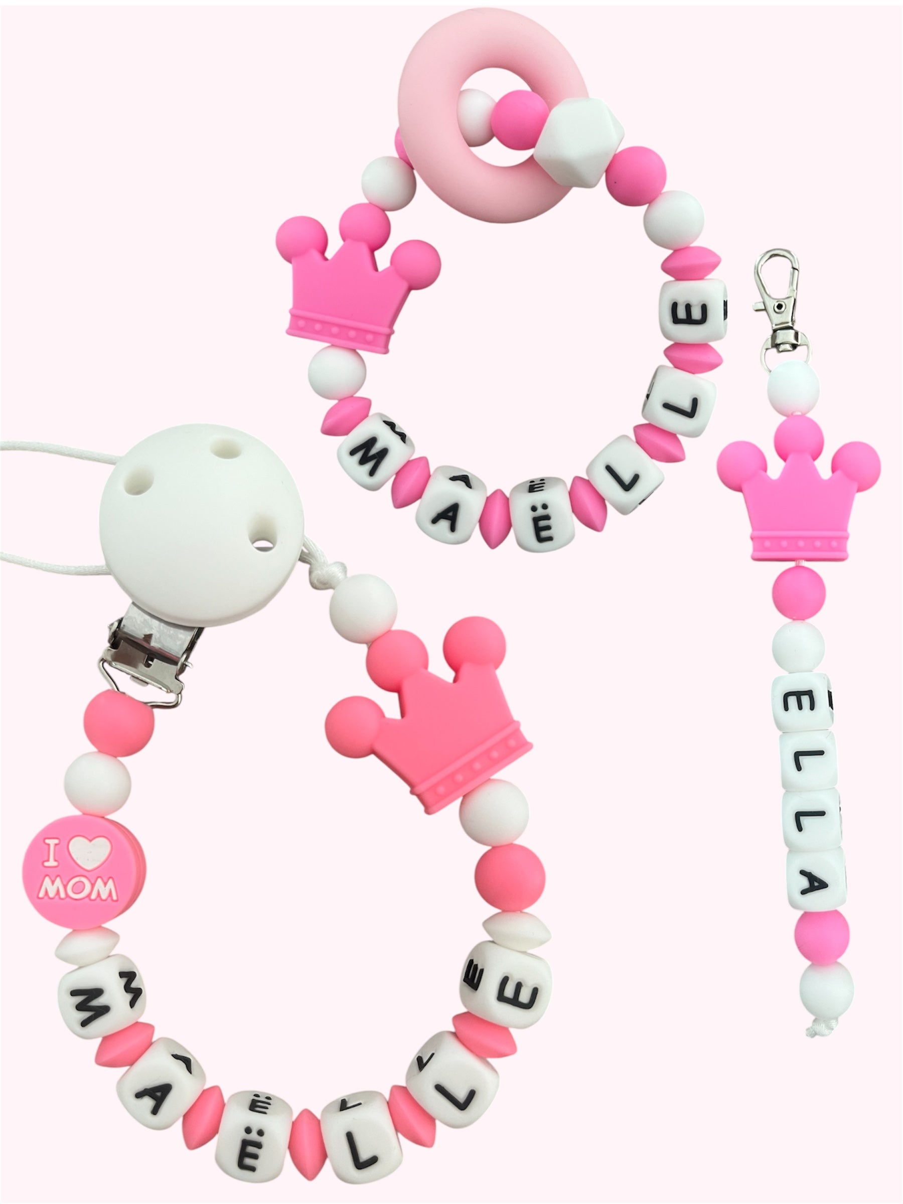 Coffret TRIO cadeaux Couronne Rose - Attache tétine, Porte-clés et anneau de dentition personnalisés KidCreationArtisanat