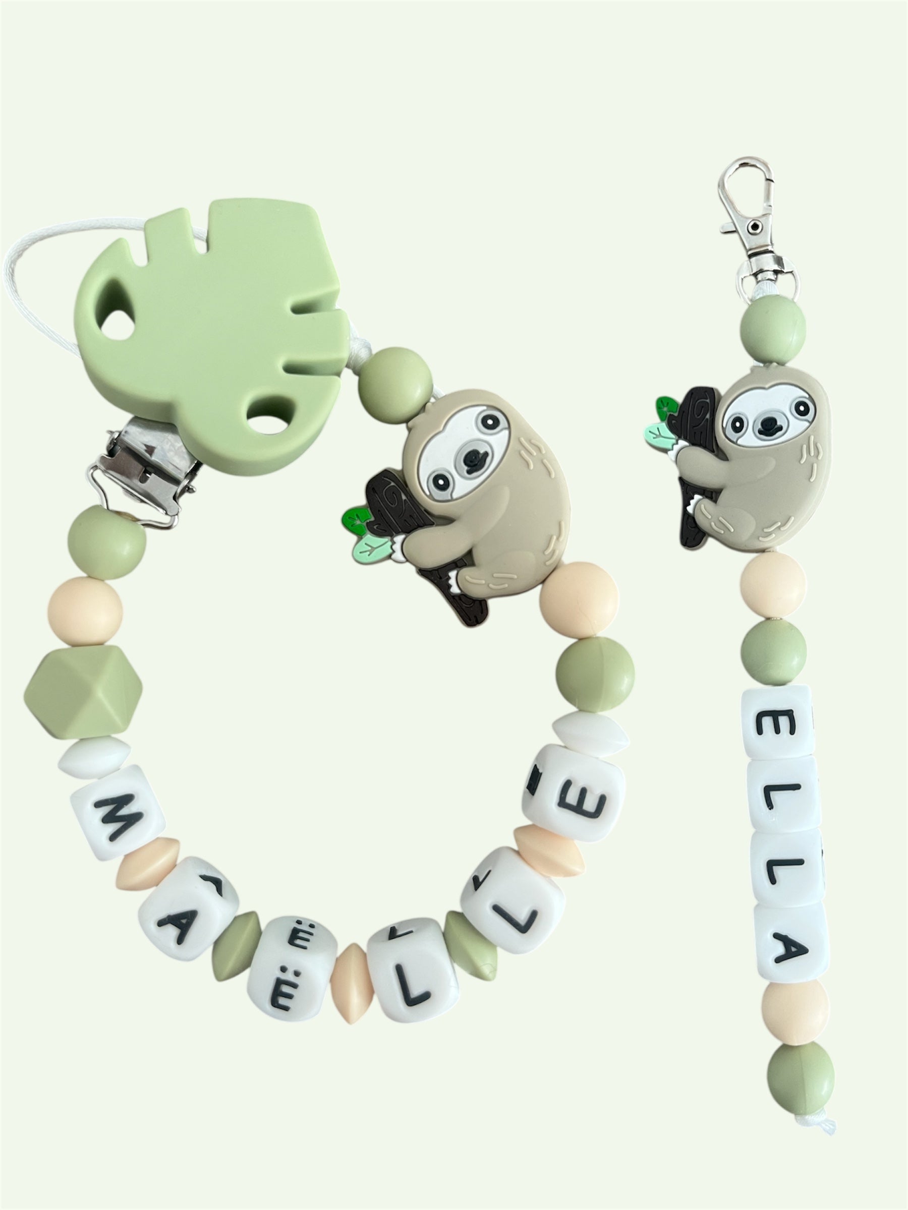 Coffret DUO cadeaux Paresseux - Attache tétine et Porte-clés à personnaliser KidCreationArtisanat