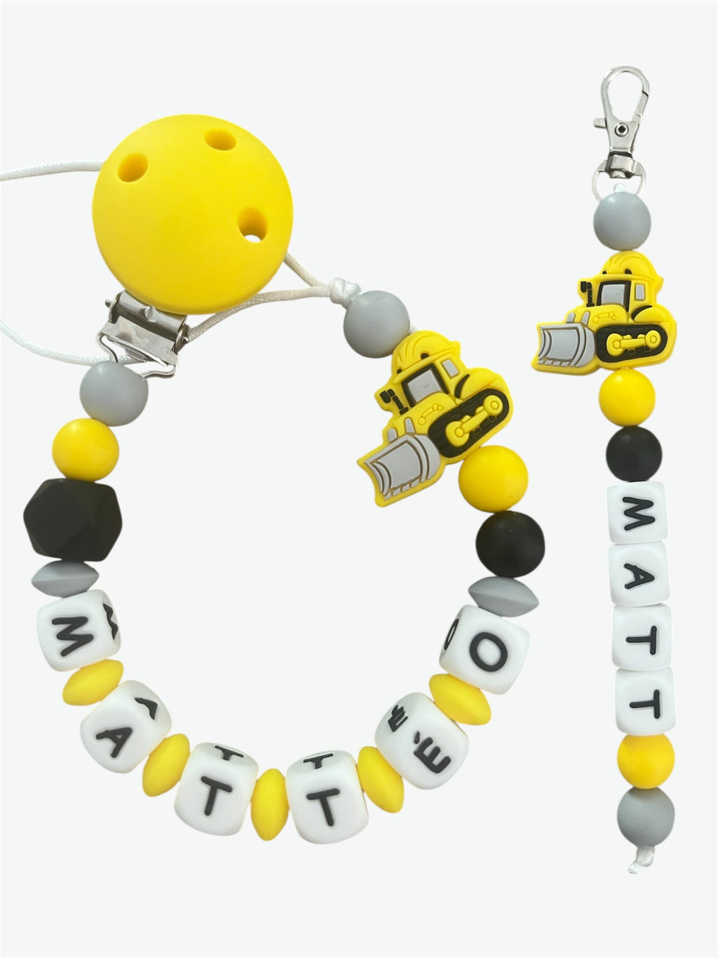 Coffret DUO cadeaux Tracteur Bulldozer - Attache tétine et Porte-clés à personnaliser KidCreationArtisanat