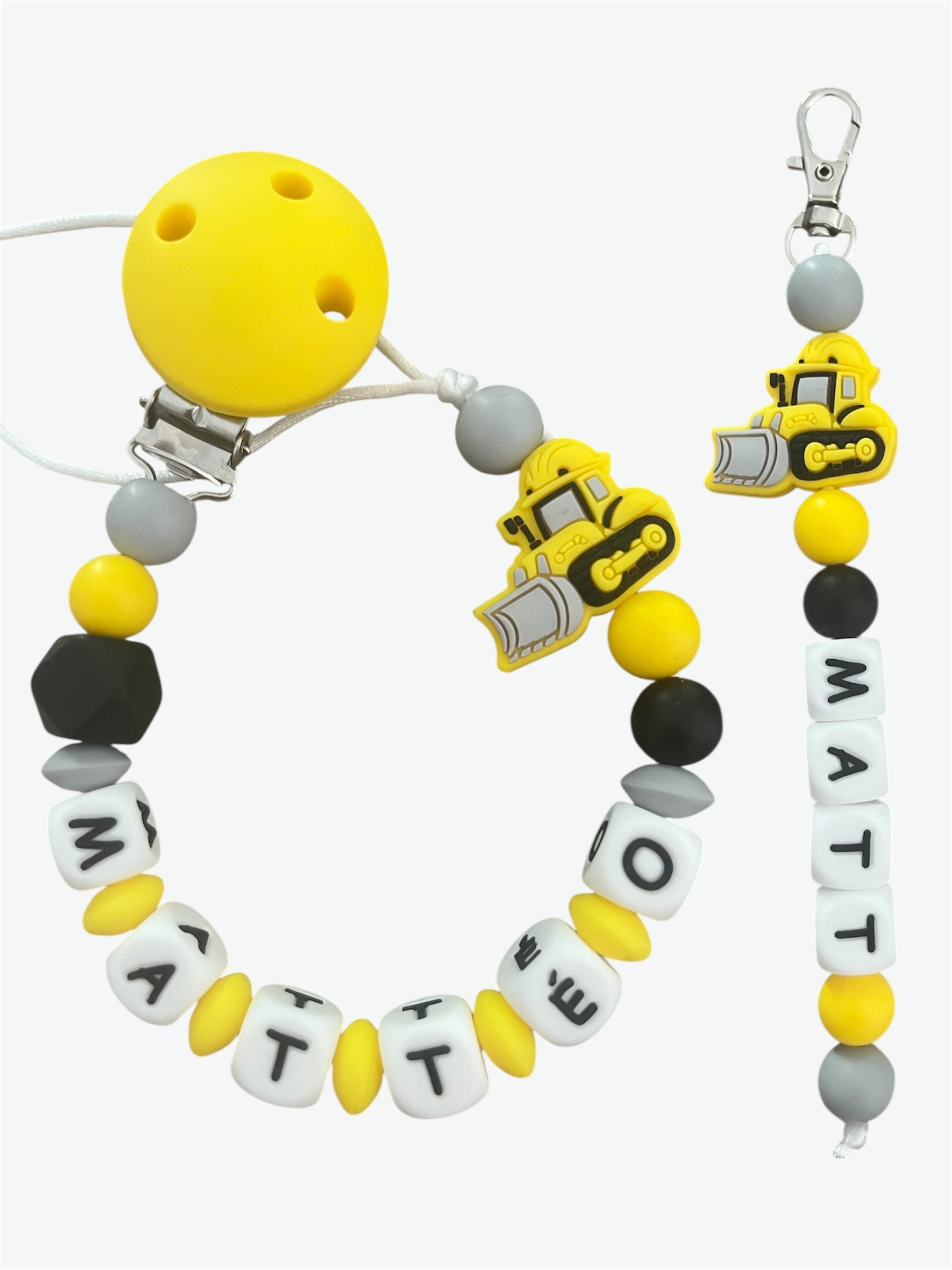 Coffret DUO cadeaux Tracteur Bulldozer - Attache tétine et Porte-clés à personnaliser KidCreationArtisanat