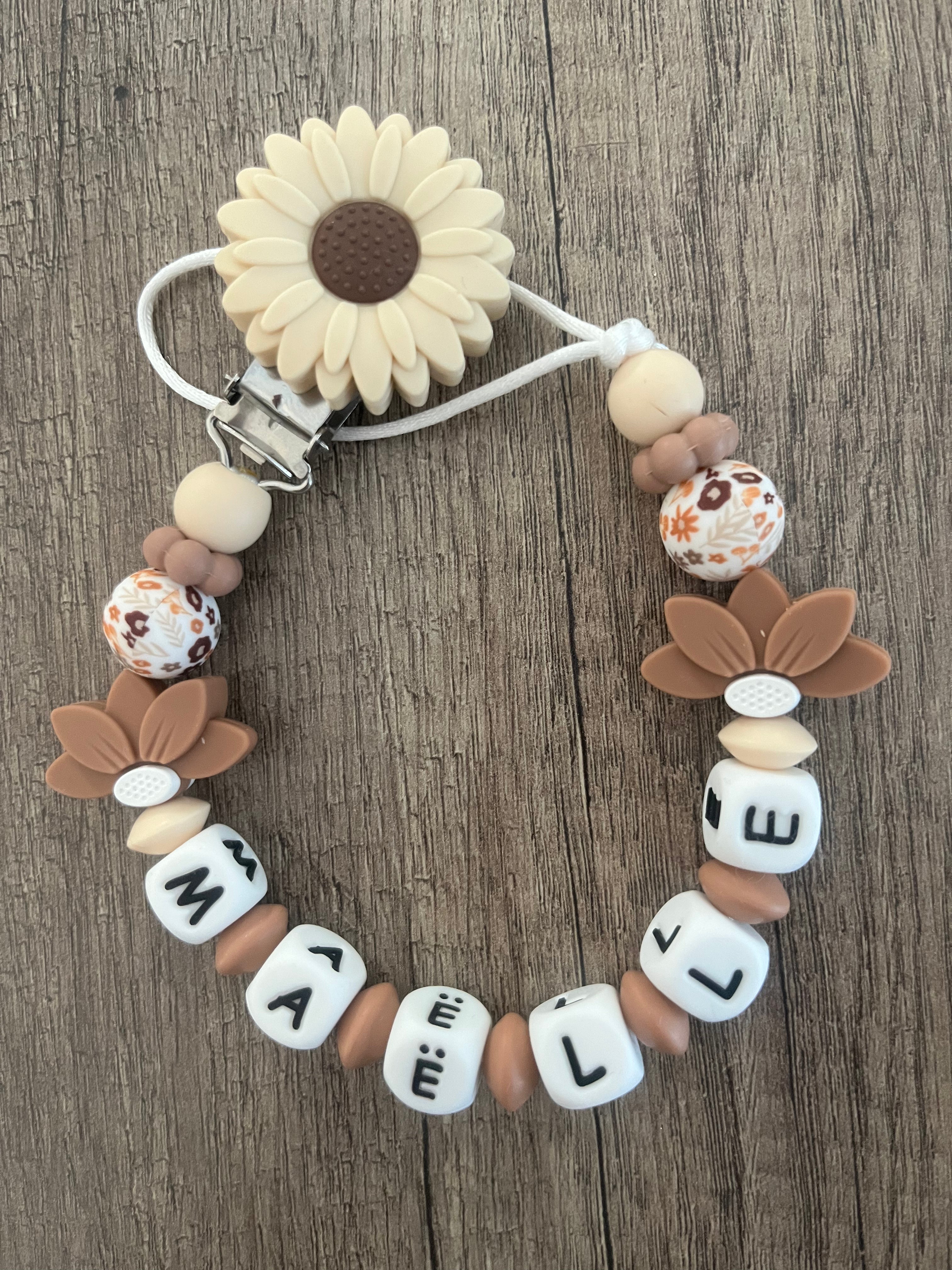 Attache tétine Fleurs beige tournesol personnalisée KidCreationArtisanat