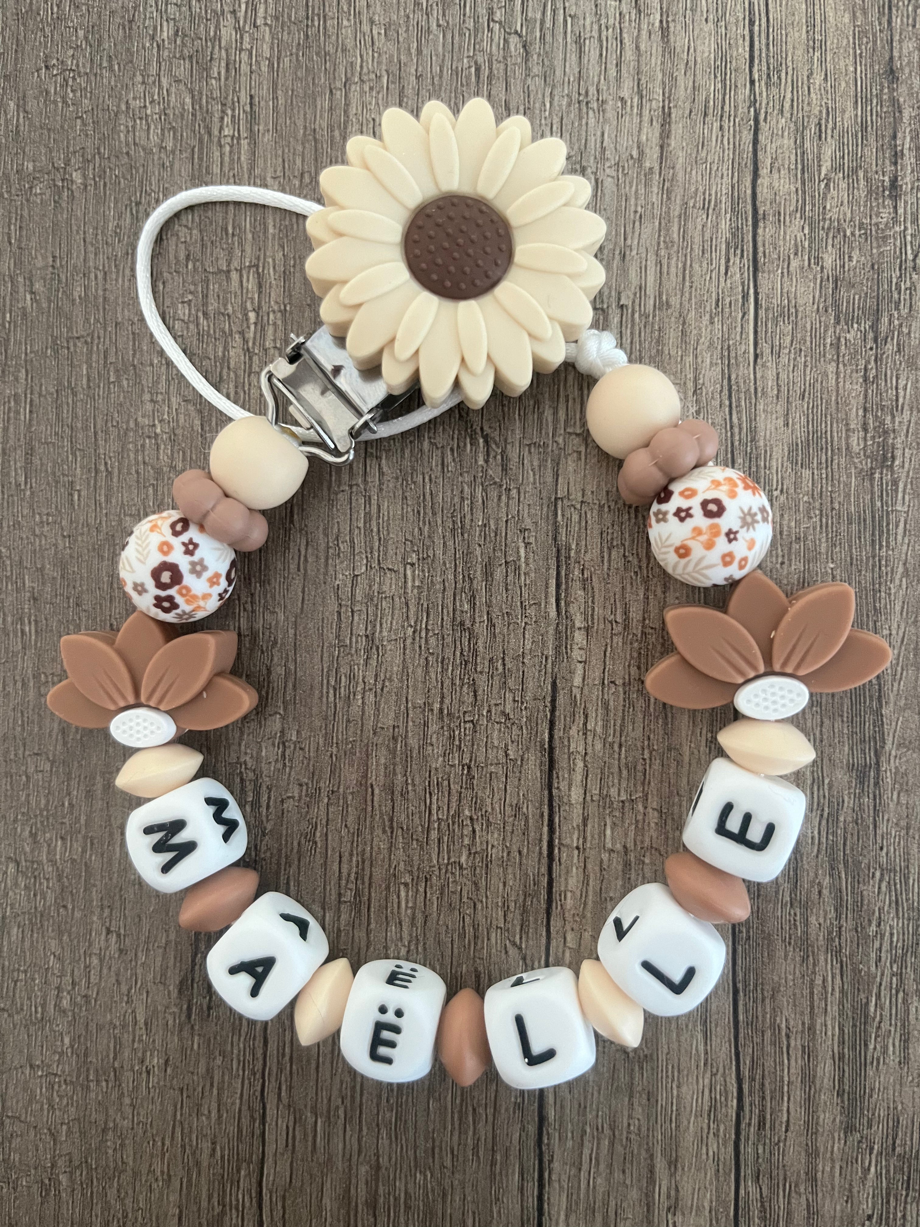 Attache tétine Fleurs beige tournesol personnalisée KidCreationArtisanat