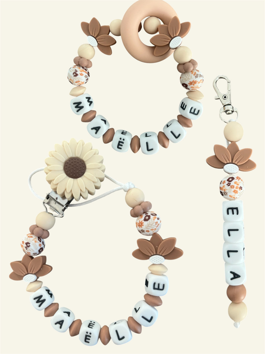 Coffret TRIO cadeaux Florale - Attache tétine, Porte-clés et anneau de dentition personnalisés