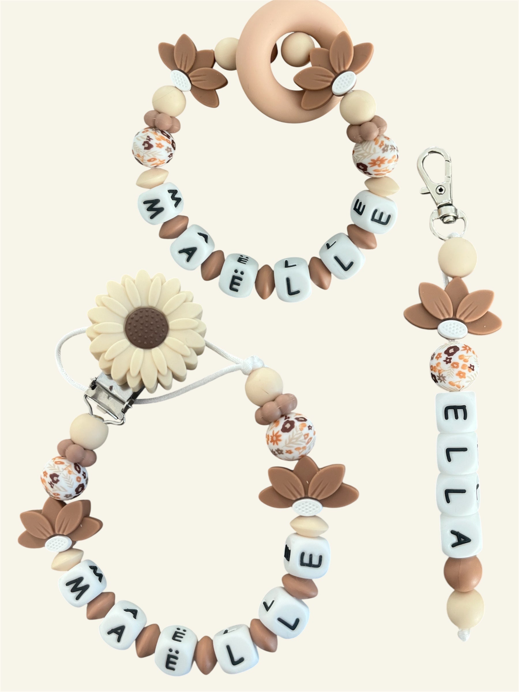 Coffret TRIO cadeaux Florale - Attache tétine, Porte-clés et anneau de dentition personnalisés