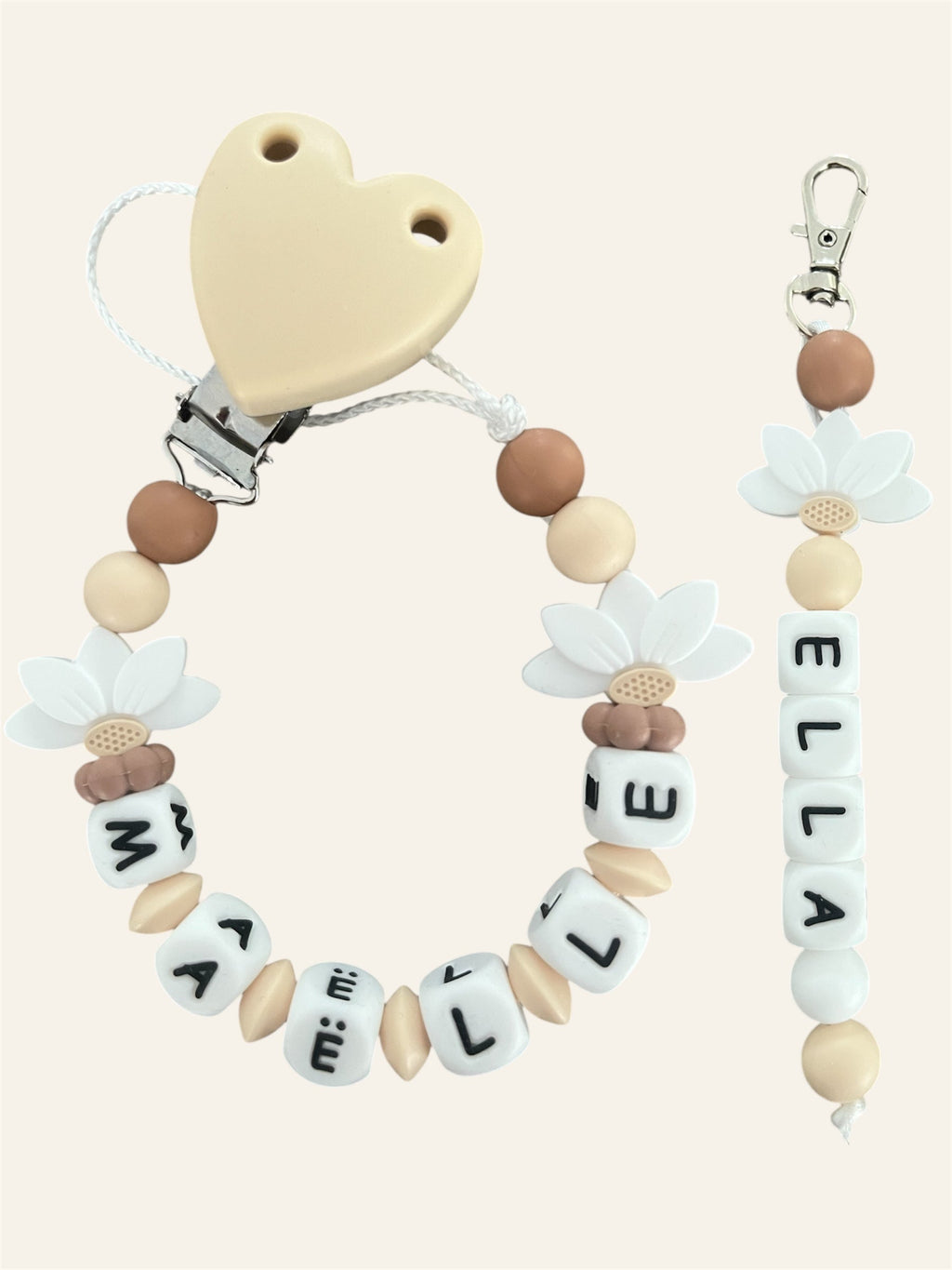 Coffret DUO cadeaux Fleurs pâquerette - Attache tétine et Porte-clés à personnaliser KidCreationArtisanat