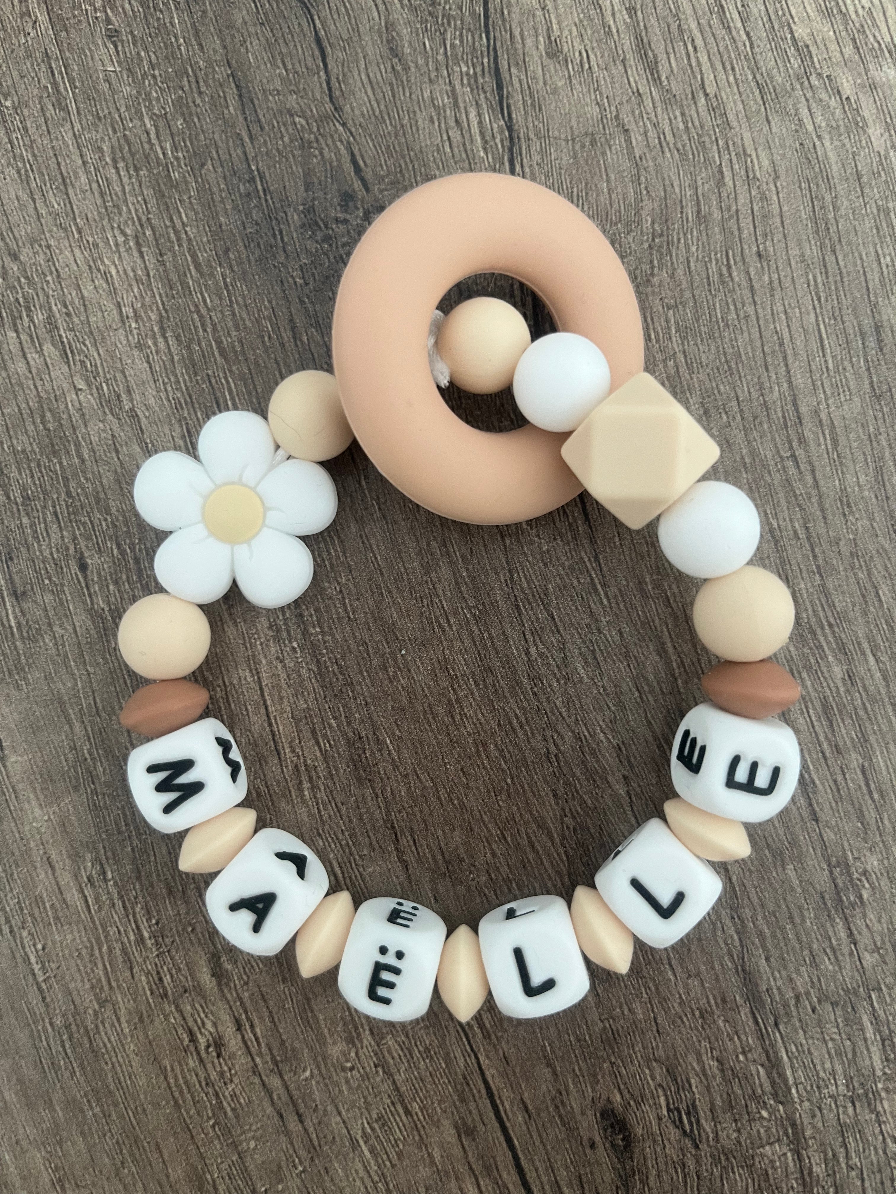 Anneau de dentition - Hochet personnalisé Fleur blanche