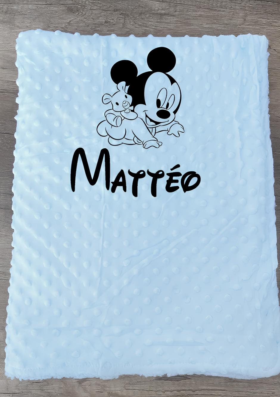 Couverture naissance minky bébé bleu personnalisée avec logo