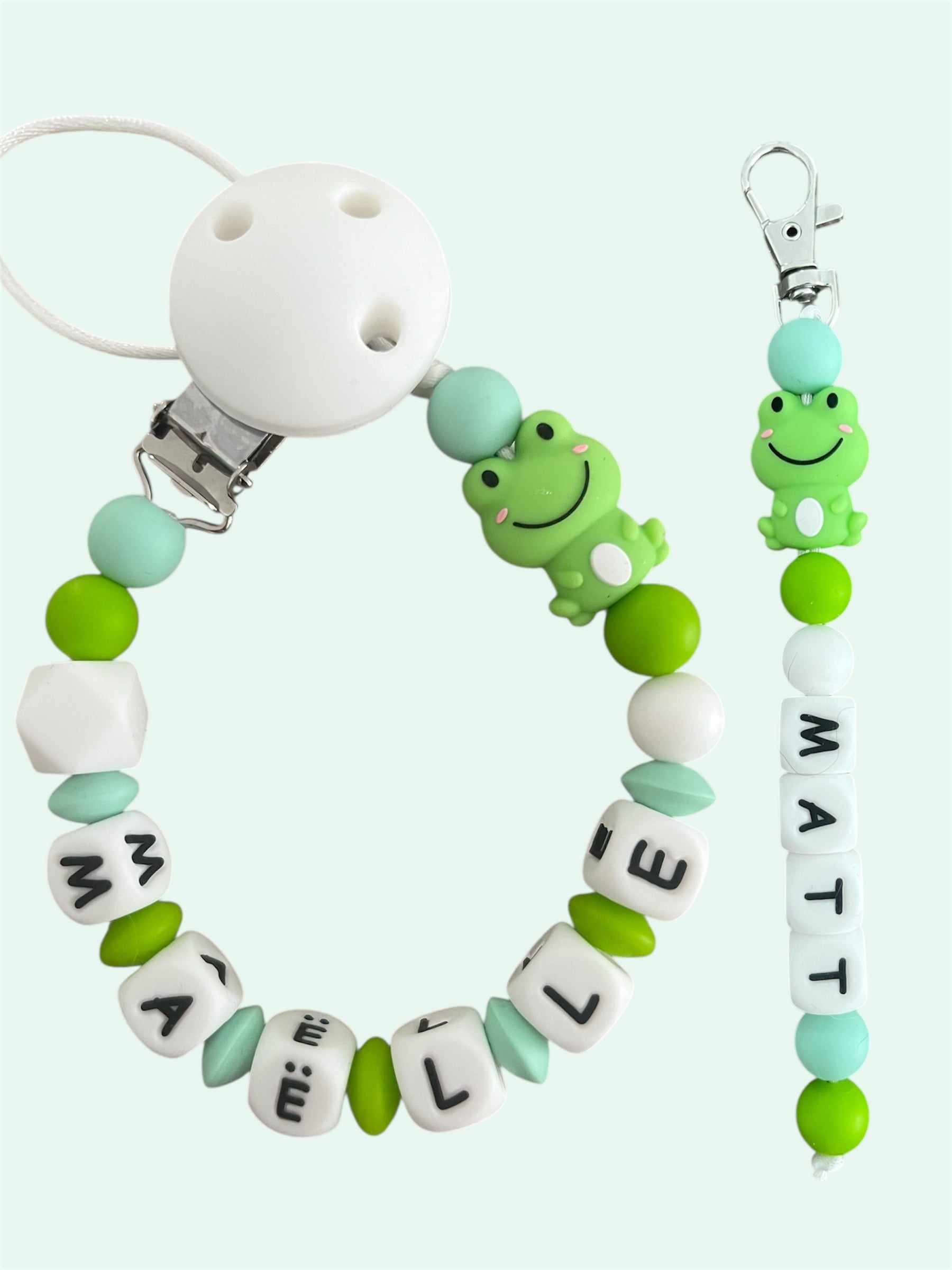 Coffret DUO cadeaux Grenouille 3D - Attache tétine et Porte-clés à personnaliser