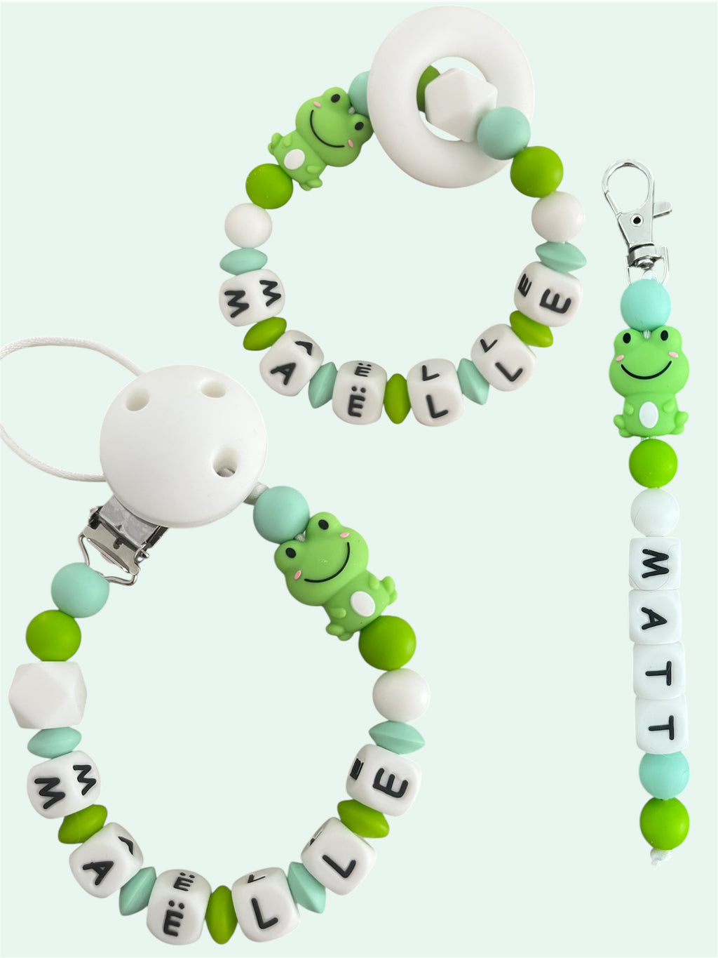 Coffret TRIO cadeaux Grenouille - Attache tétine, Porte-clés et anneau de dentition personnalisés