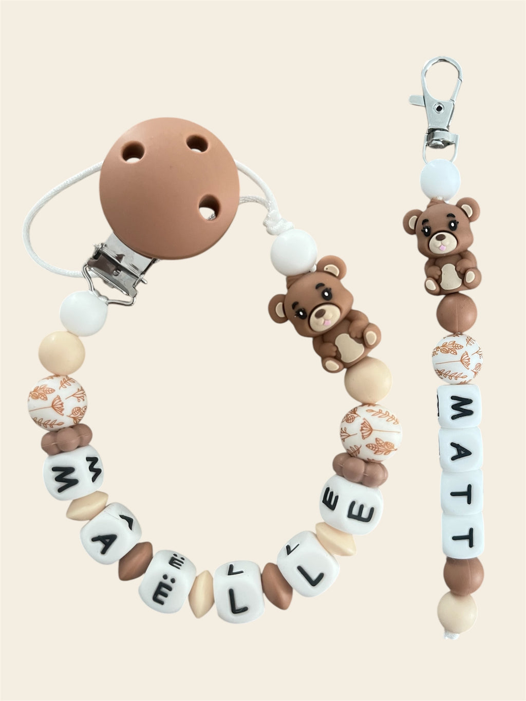 Coffret DUO cadeaux Ourson 3D - Attache tétine et Porte-clés personnalisés