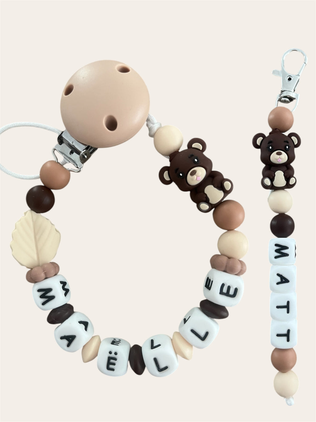 Coffret DUO cadeaux Ourson 3D - Attache tétine et Porte-clés personnalisés