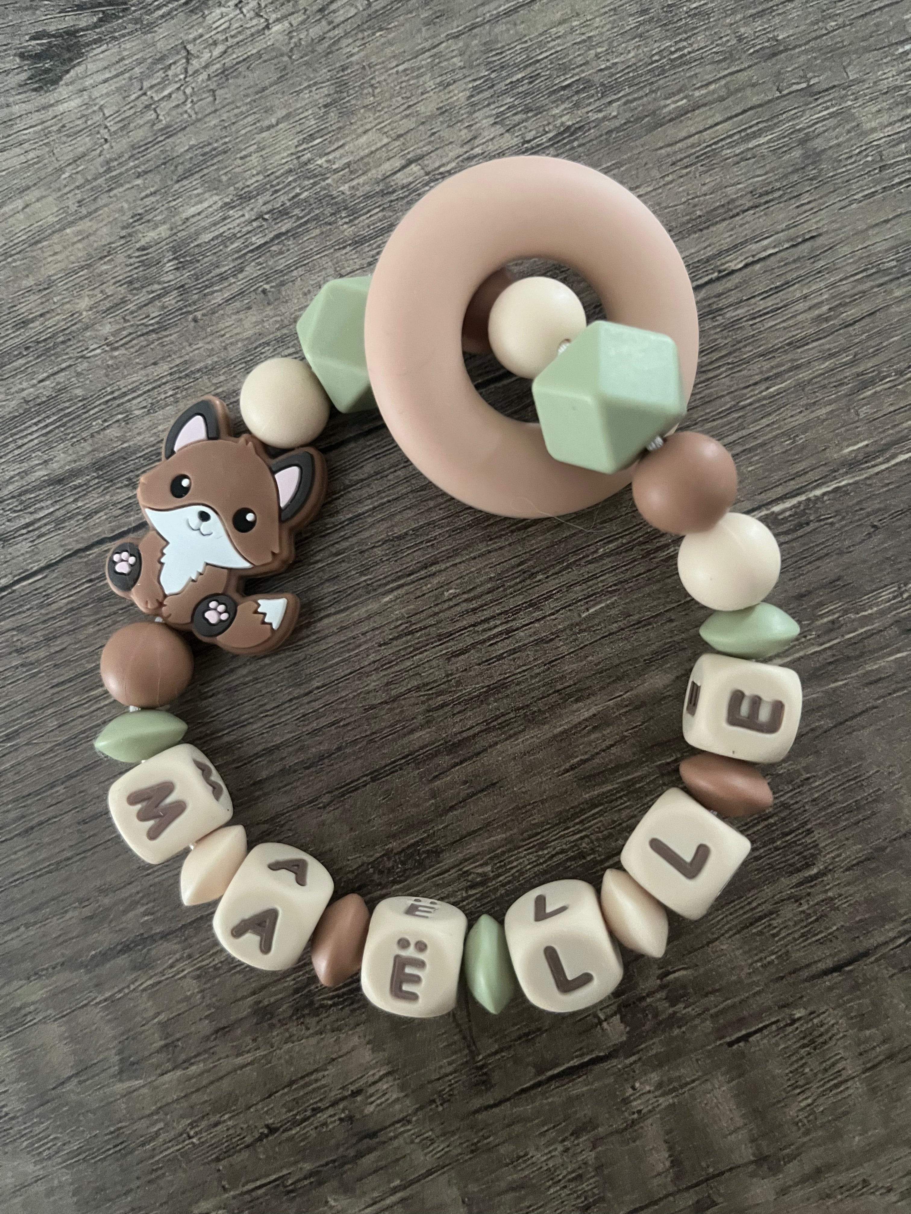 Anneau de dentition - Hochet personnalisé Renard lettres beige