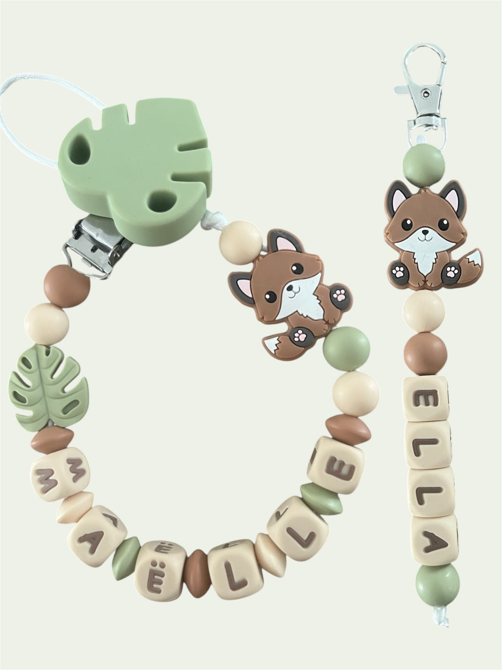 Coffret DUO cadeaux Renard lettres beige - Attache tétine et Porte-clés personnalisés