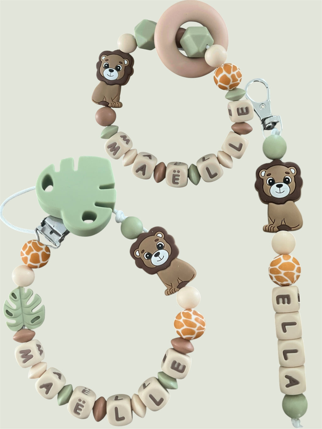Coffret TRIO cadeaux Lion lettres beige - Attache tétine, Porte-clés et Anneau de dentition personnalisés
