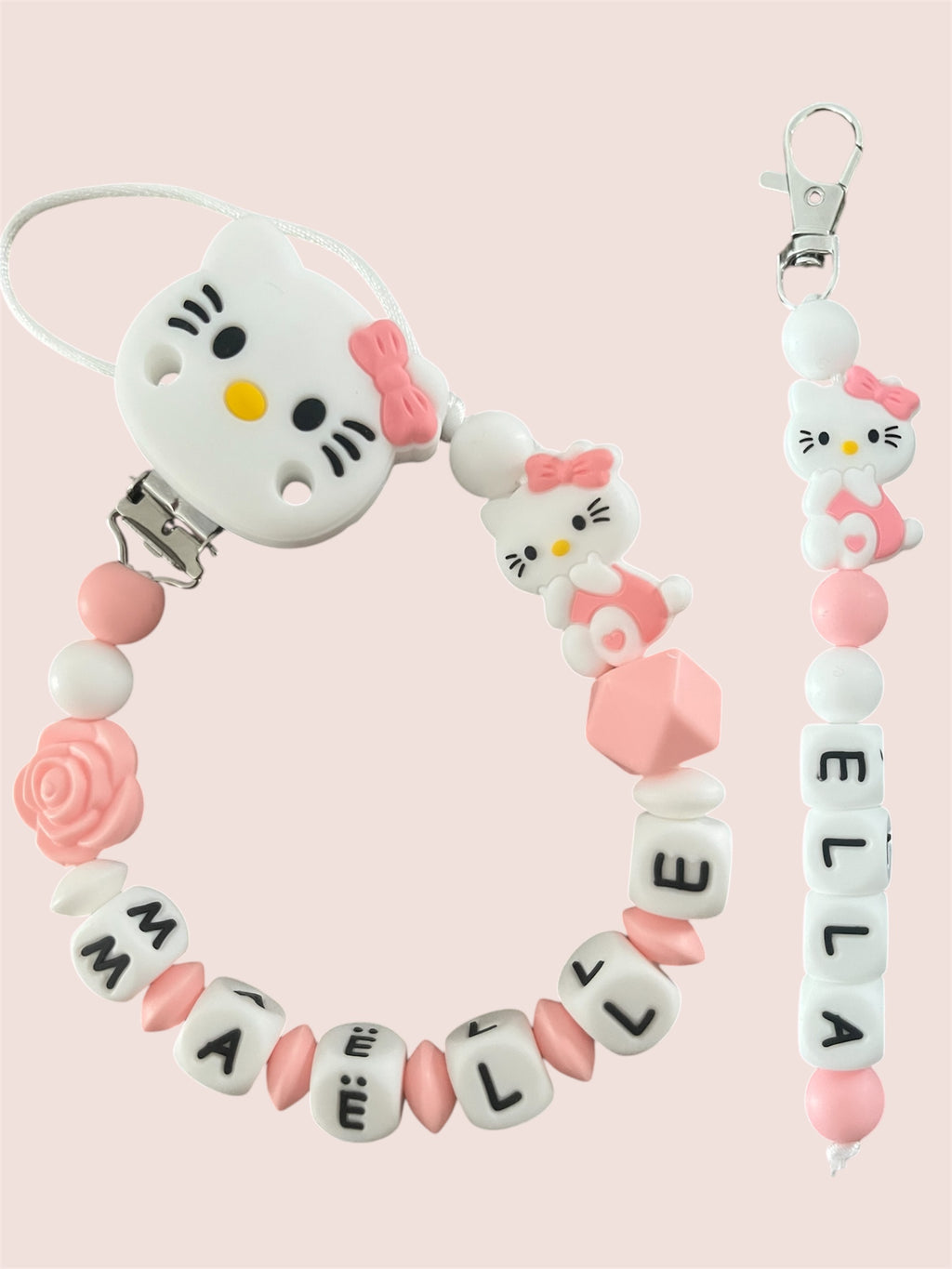 Coffret DUO cadeaux Hello kitty - Attache tétine et Porte-clés à personnaliser