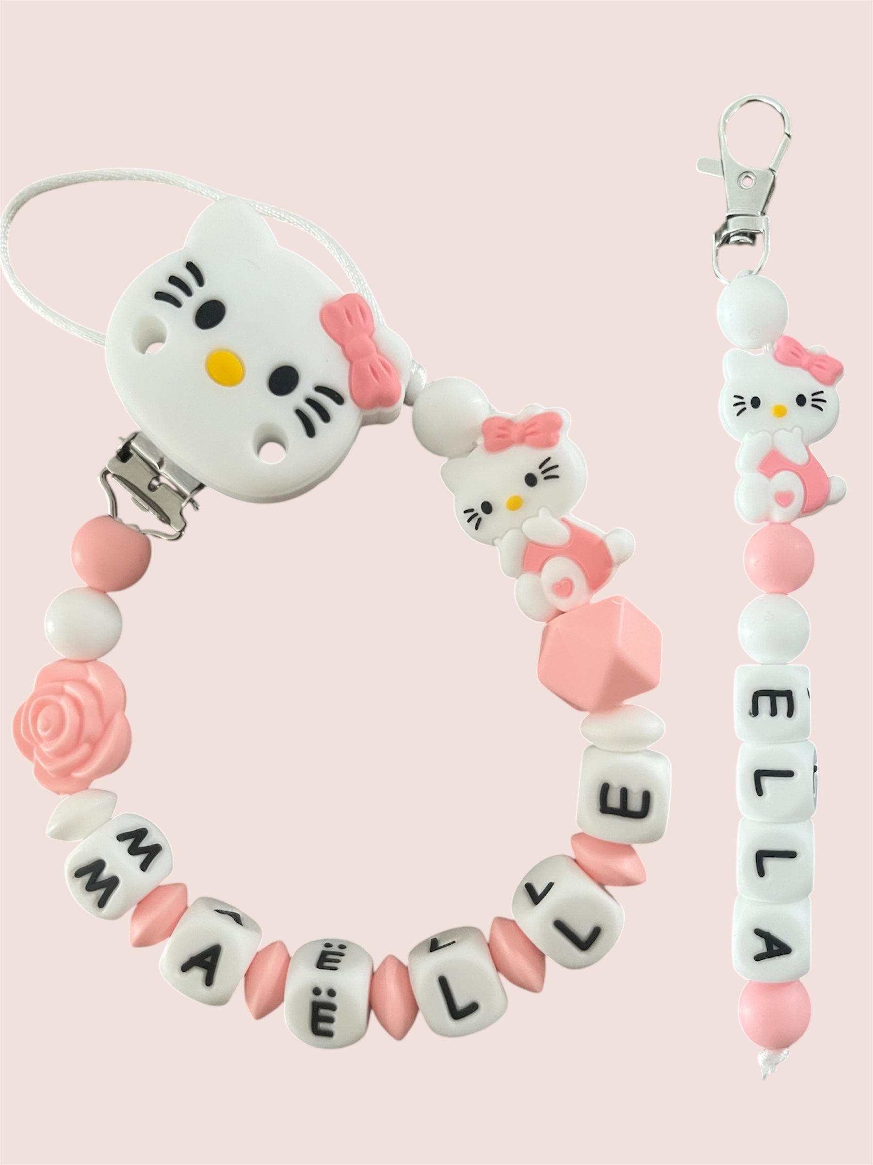 Coffret DUO cadeaux Hello kitty - Attache tétine et Porte-clés à personnaliser