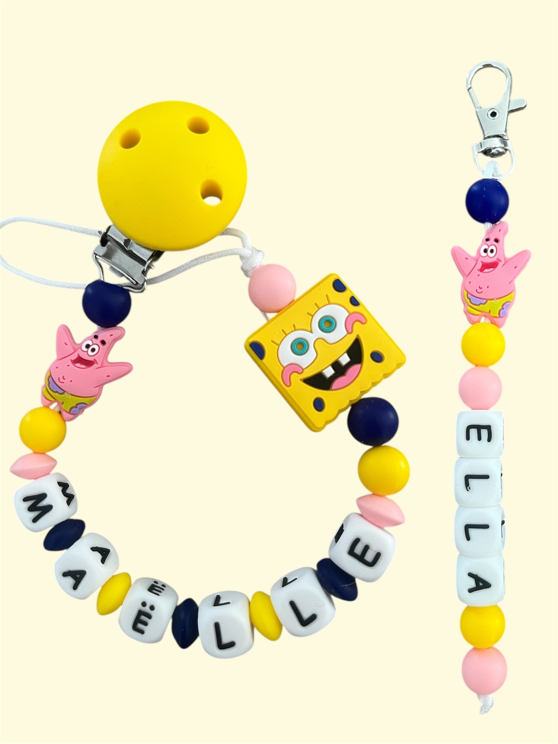 Coffret DUO cadeaux Bob L’éponge et Patrick - Attache tétine et Porte-clés personnalisés
