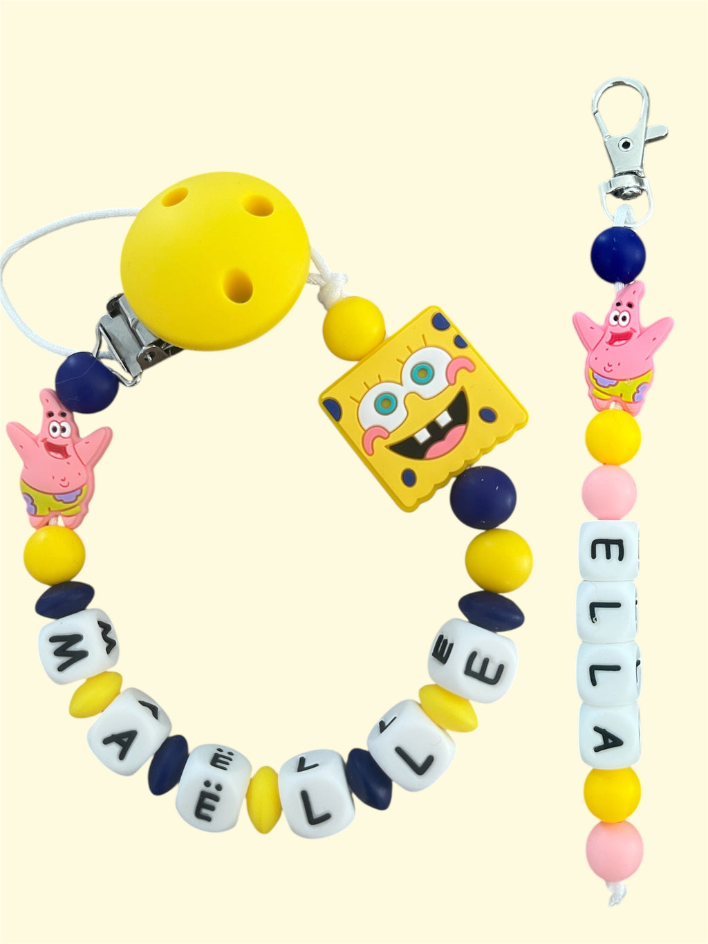 Coffret DUO cadeaux Bob L’éponge et Patrick - Attache tétine et Porte-clés personnalisés