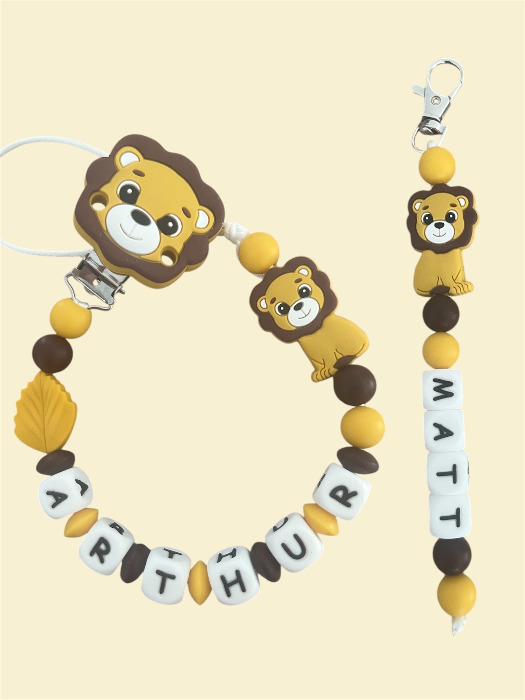 Coffret DUO cadeaux Lion - Attache tétine et Porte-clés personnalisés