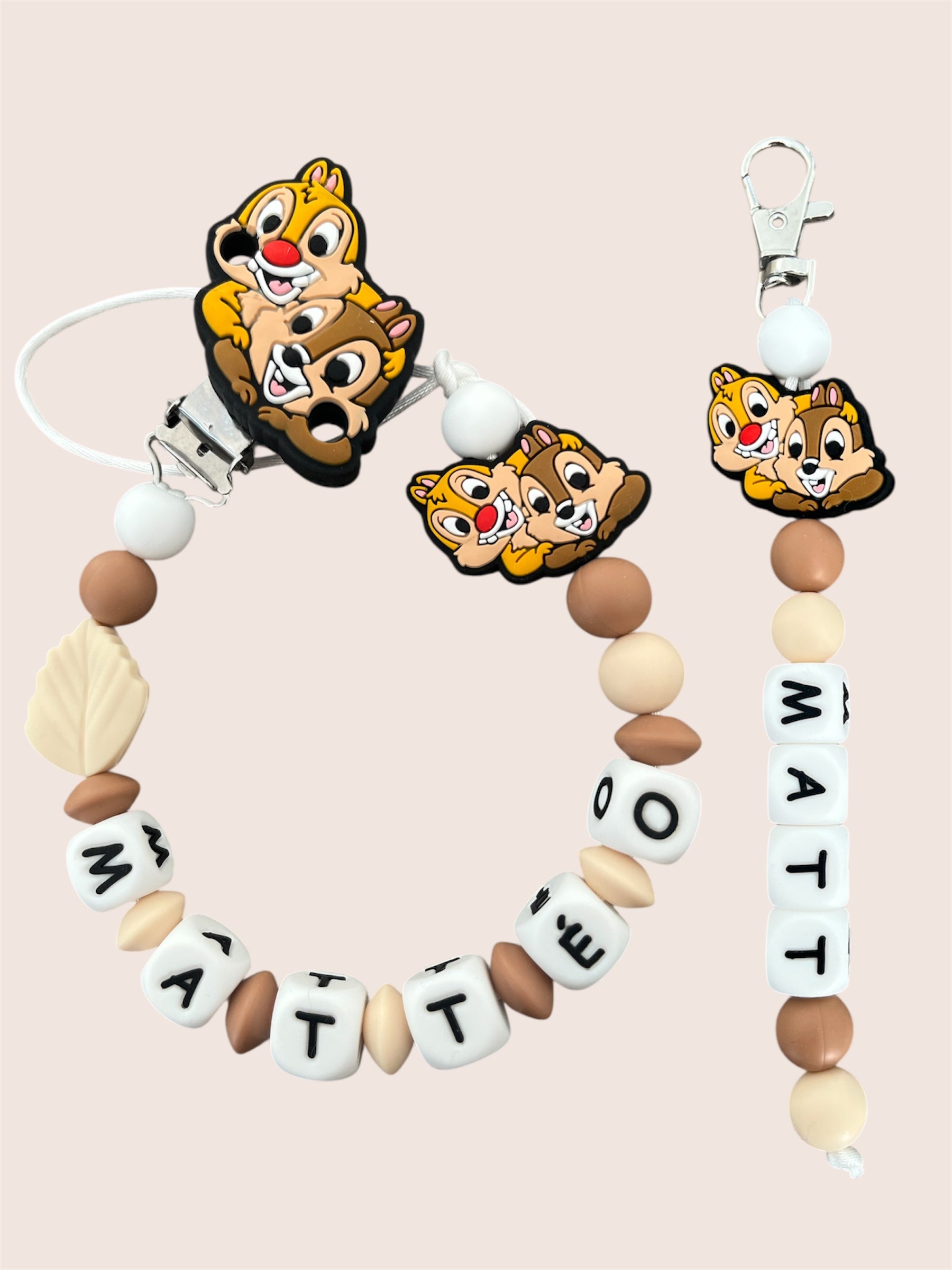 Coffret DUO cadeaux Tic & Tac - Attache tétine et Porte-clés personnalisés