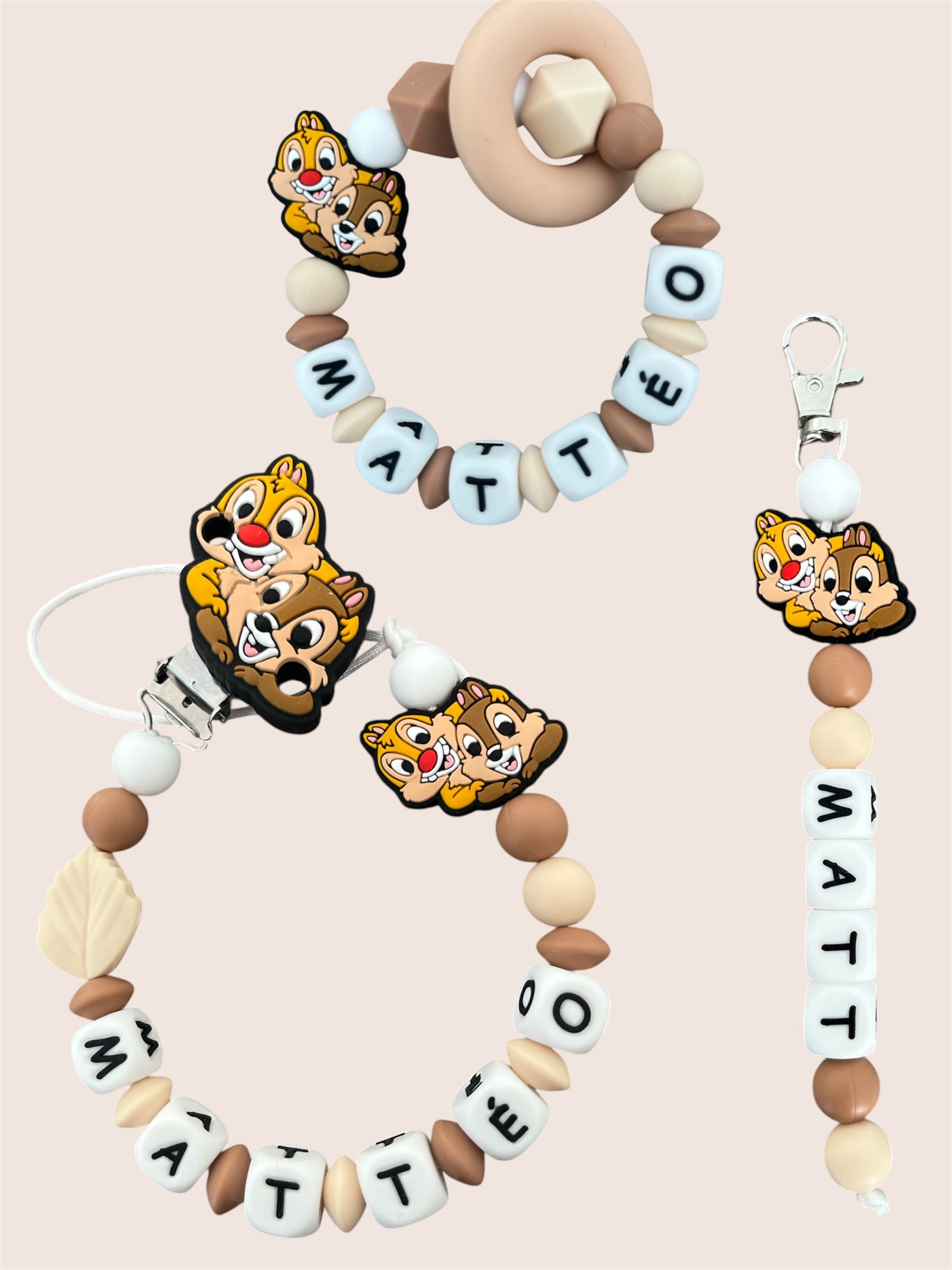 Coffret TRIO cadeaux Tic & Tac - Attache tétine, Porte-clés et anneau de dentition personnalisés