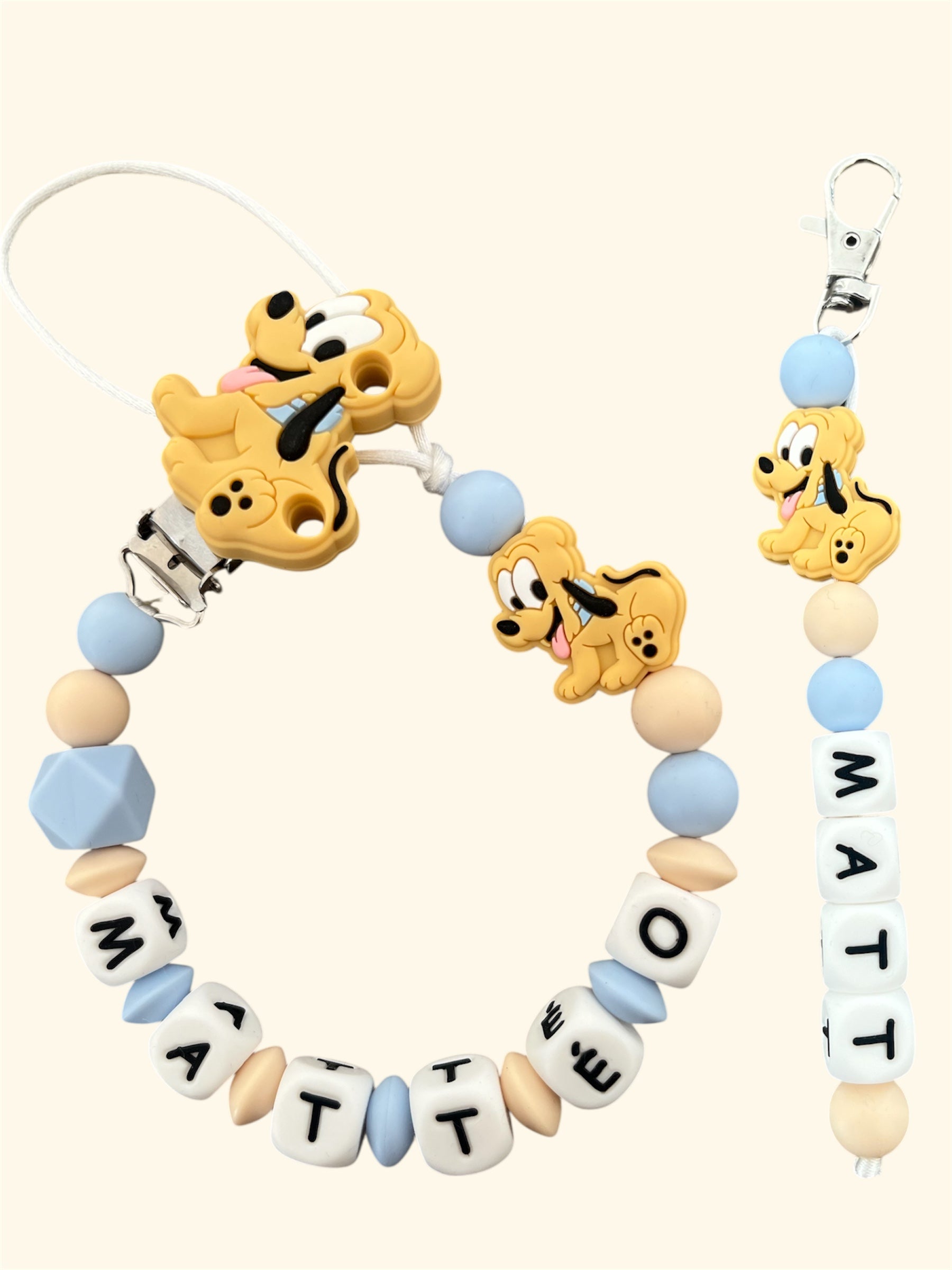 Coffret DUO cadeaux chien Pluto - Attache tétine et Porte-clés personnalisés