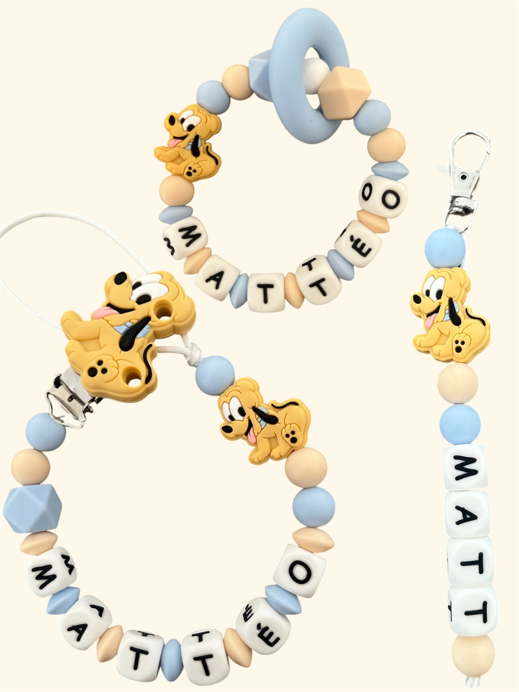 Coffret TRIO cadeaux Pluto - Attache tétine, Porte-clés et anneau de dentition personnalisés