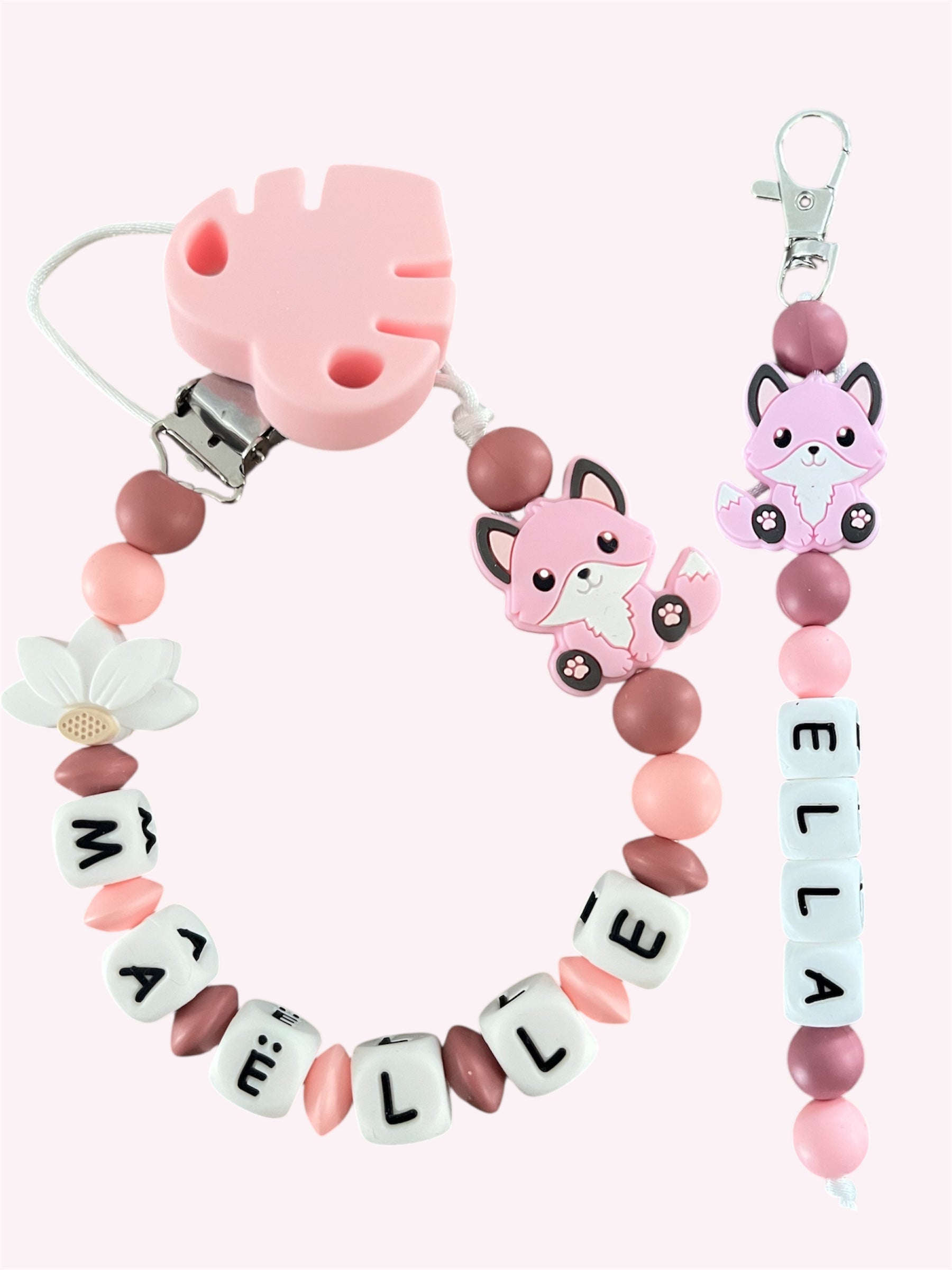 Coffret DUO cadeaux Renard - Attache tétine et Porte-clés ou Anneau de dentition personnalisés