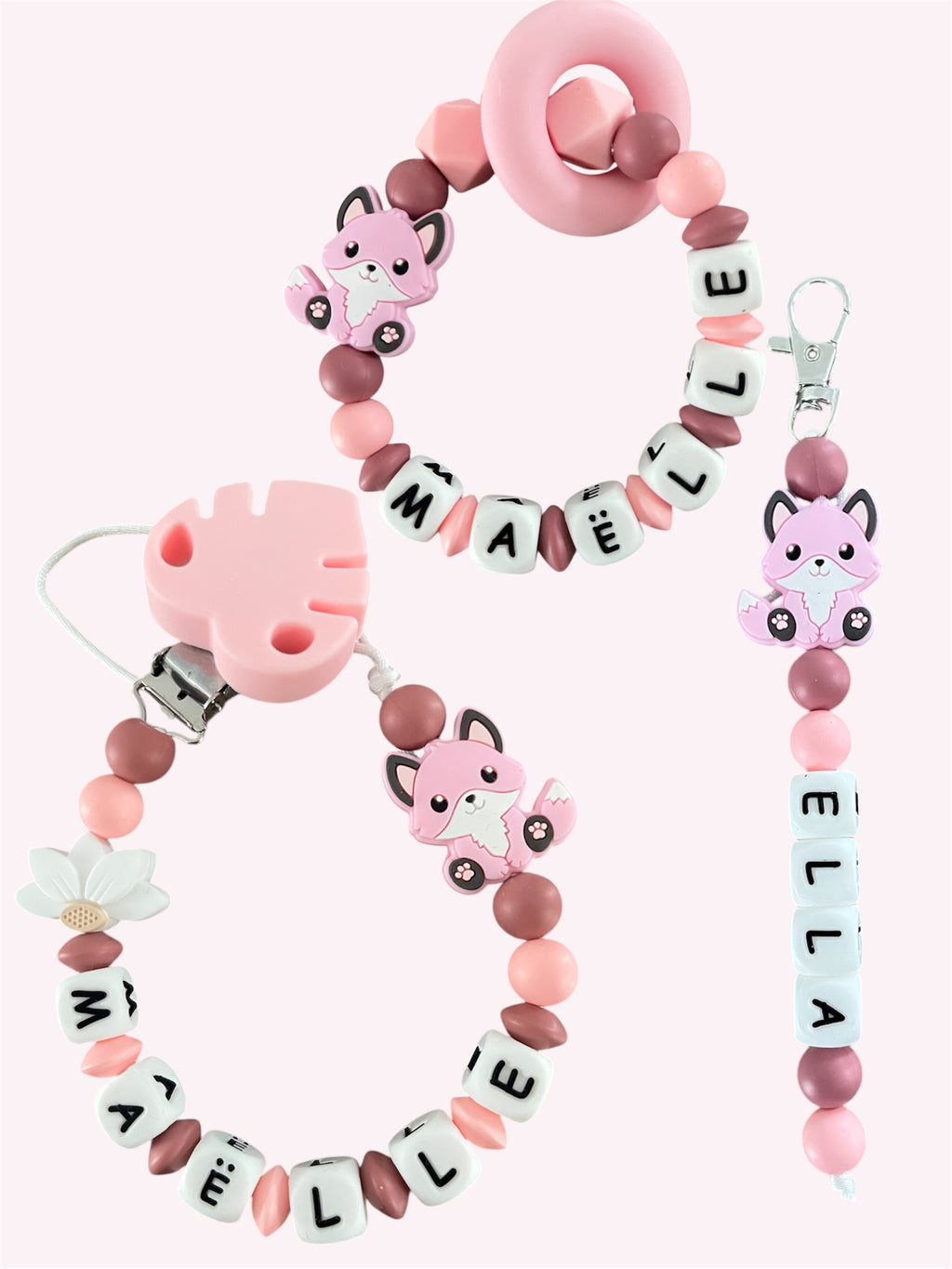 Coffret TRIO cadeaux Renard - Attache tétine, Porte-clés et Anneau de dentition personnalisés