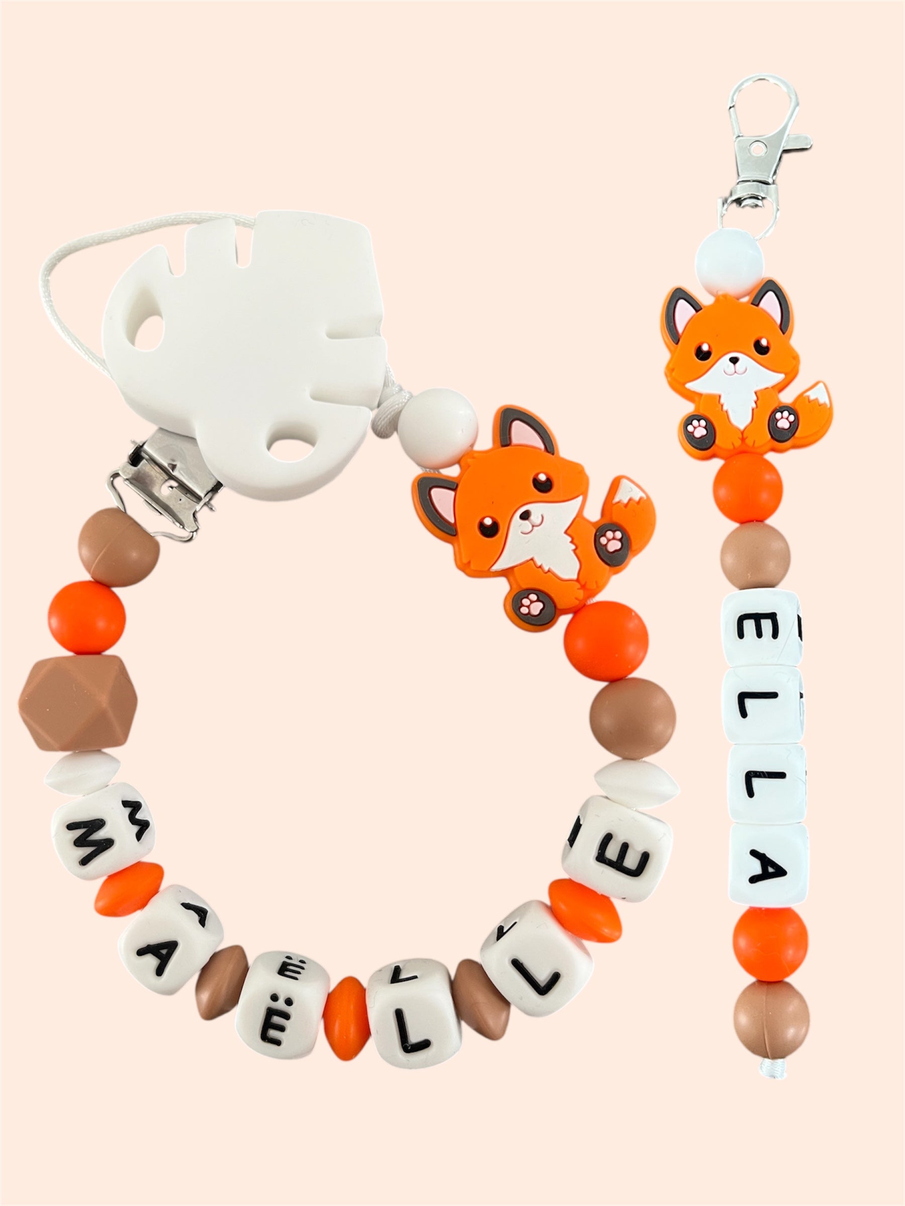 Coffret DUO cadeaux Renard - Attache tétine et Porte-clés ou Anneau de dentition personnalisés