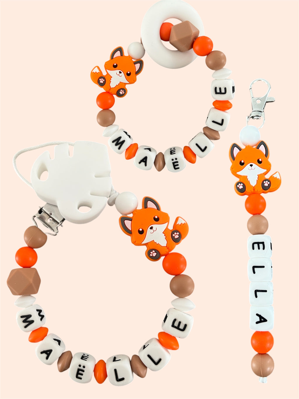 Coffret TRIO cadeaux Renard - Attache tétine, Porte-clés et Anneau de dentition personnalisés