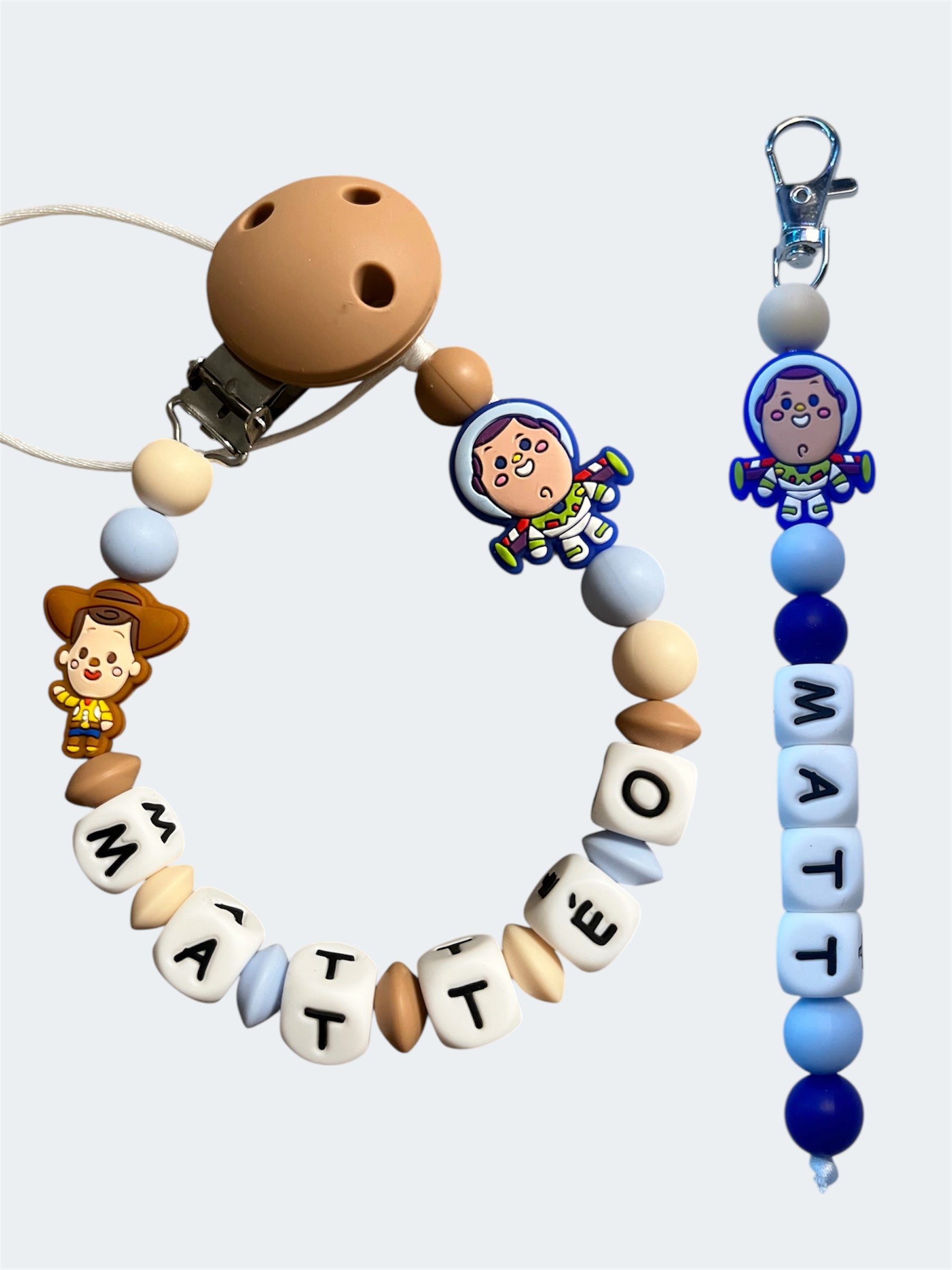 Coffret DUO cadeaux Toy Story - Attache tétine et Porte-clés personnalisés