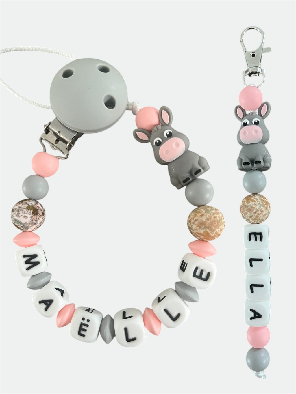 Coffret DUO cadeaux Âne - Attache tétine et Porte-clés personnalisés