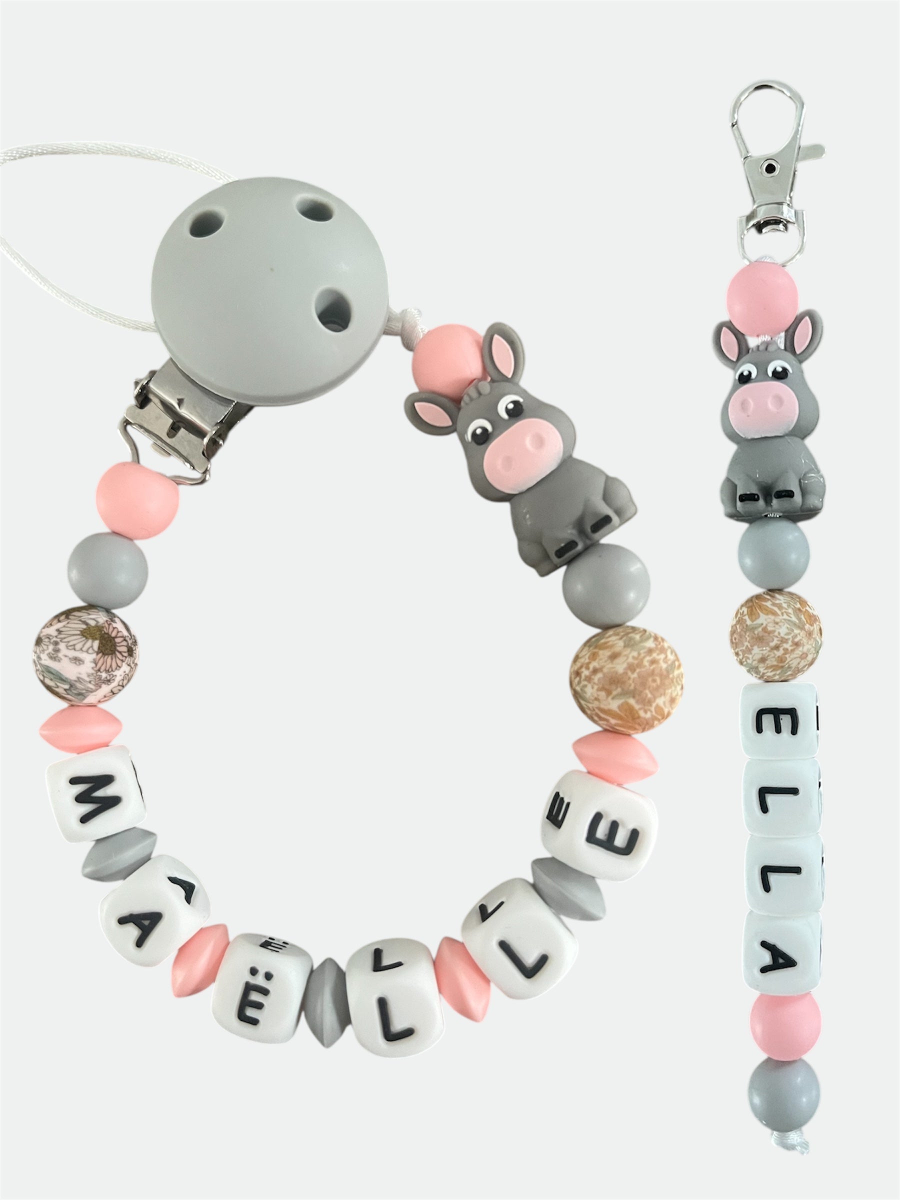 Coffret DUO cadeaux Âne - Attache tétine et Porte-clés personnalisés