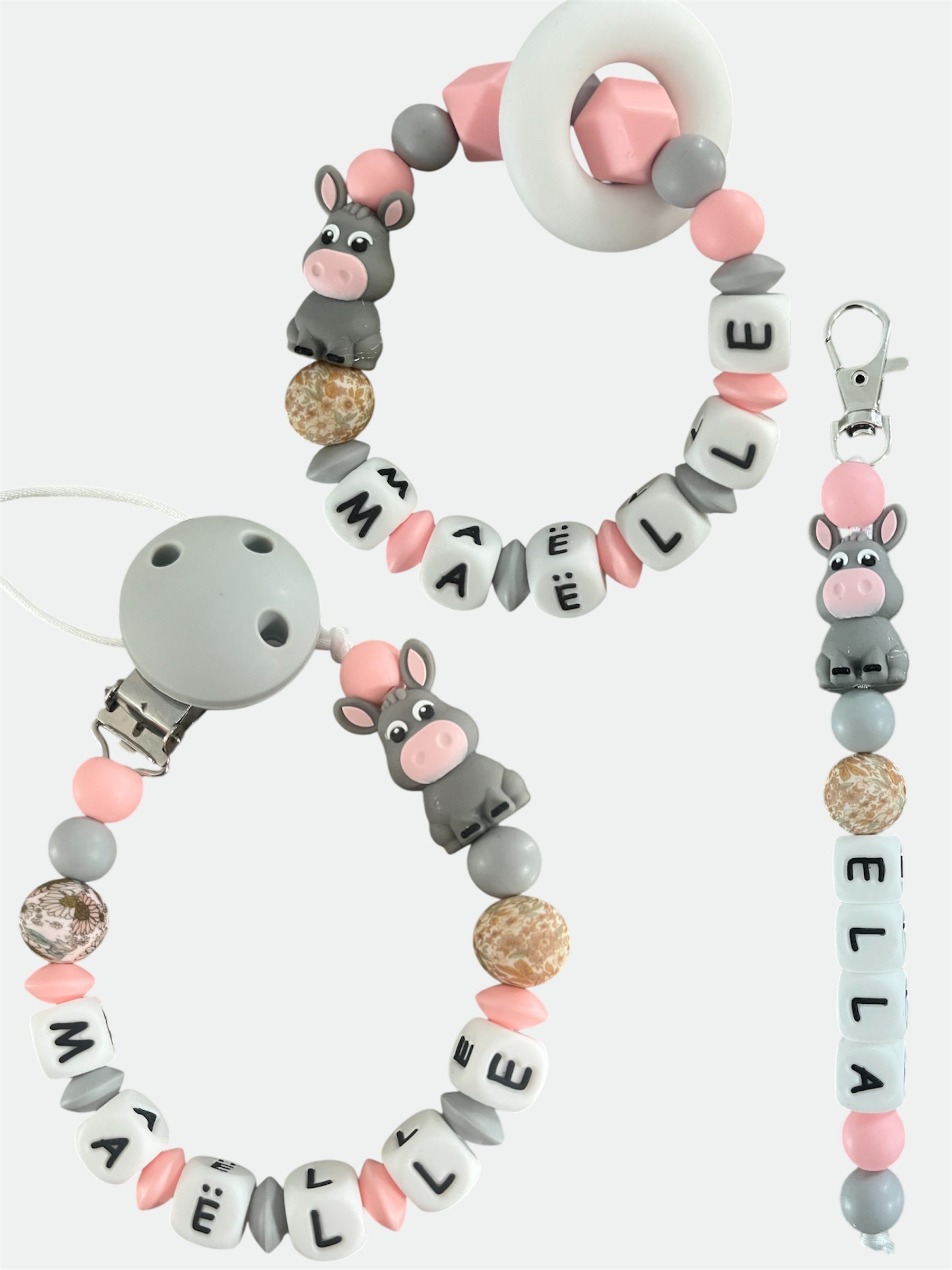 Coffret TRIO cadeaux Ane - Attache tétine, Porte-clés et anneau de dentition personnalisés