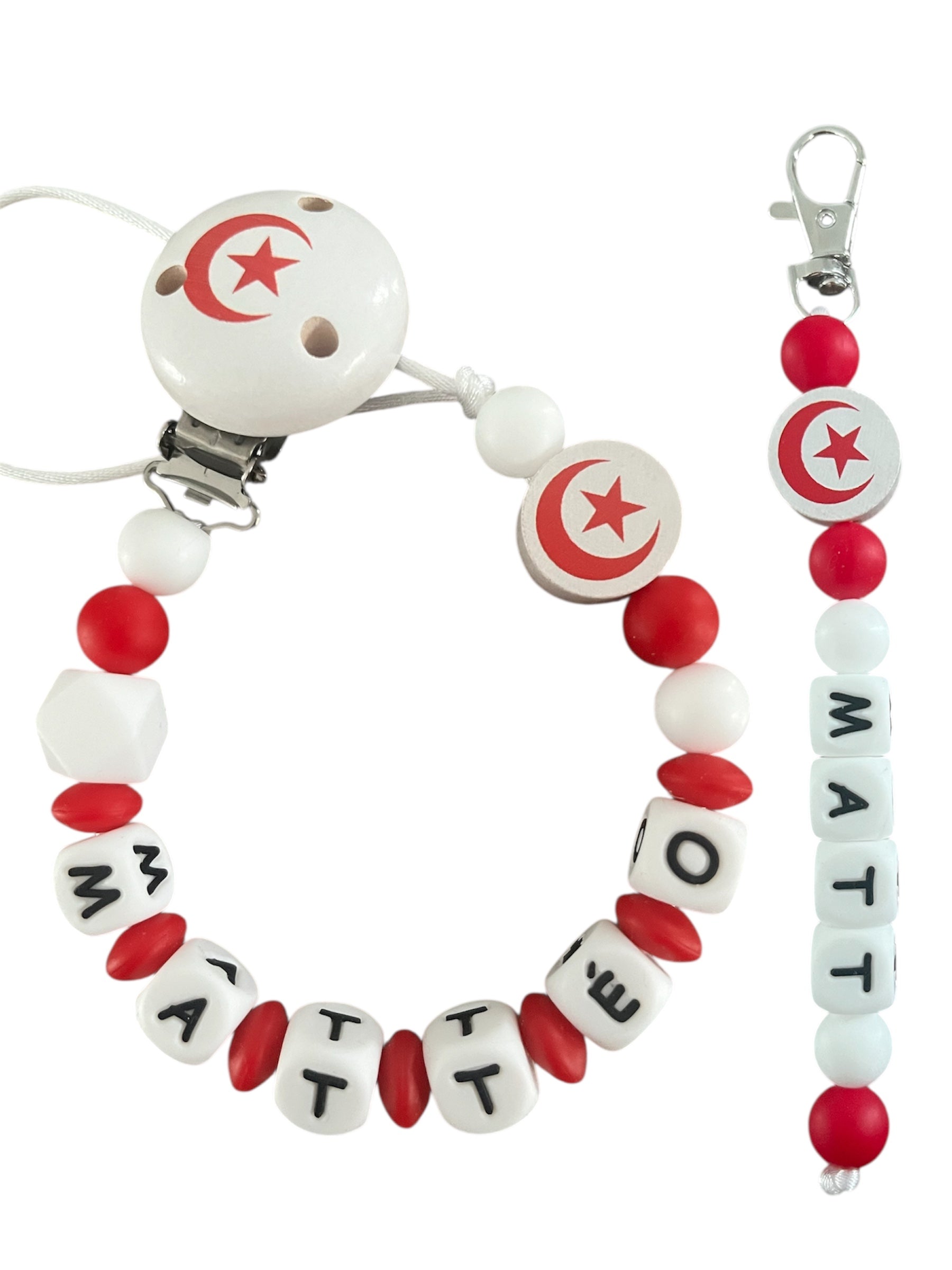 Coffret DUO Drapeau Tunisie Bébé - Attache tétine et Porte-clés personnalisés