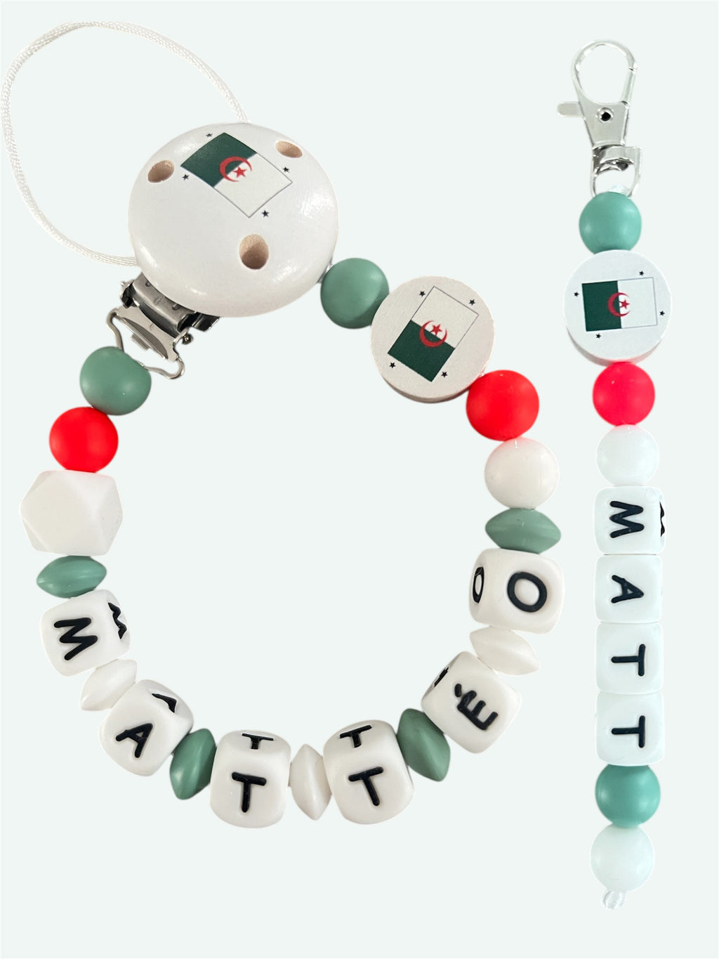 Coffret DUO drapeau Algérie Bébé - Attache tétine et Porte-clés personnalisés