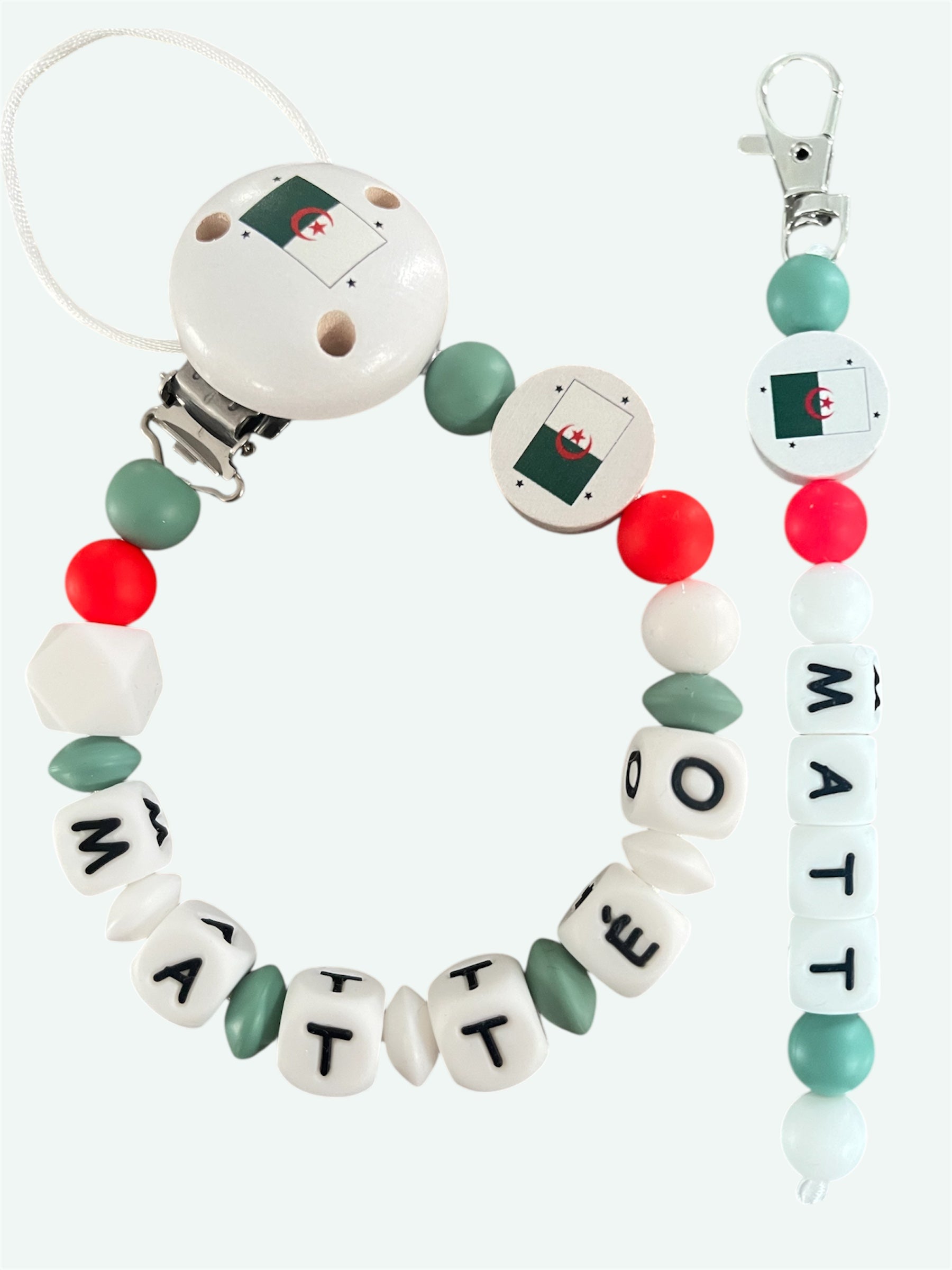 Coffret DUO drapeau Algérie Bébé - Attache tétine et Porte-clés personnalisés