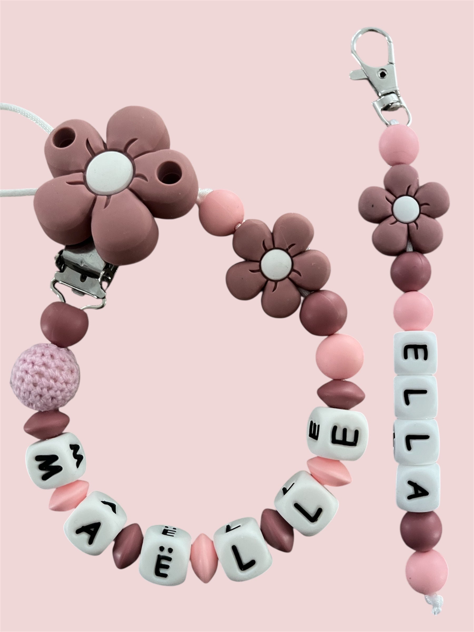 Coffret DUO cadeaux Fleur rose - Attache tétine et Porte-clés à personnaliser