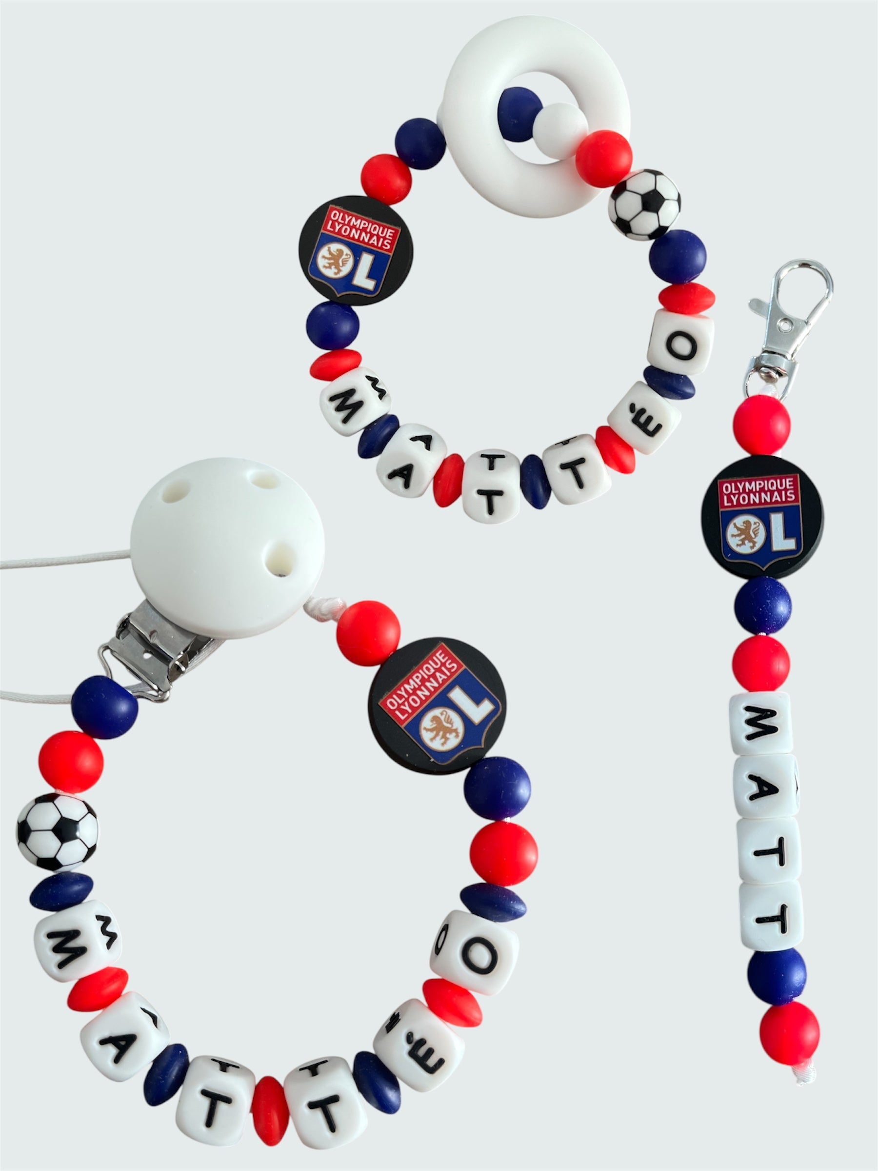 Coffret TRIO OL Football Bébé - Attache tétine, Porte-clés et anneau de dentition personnalisés