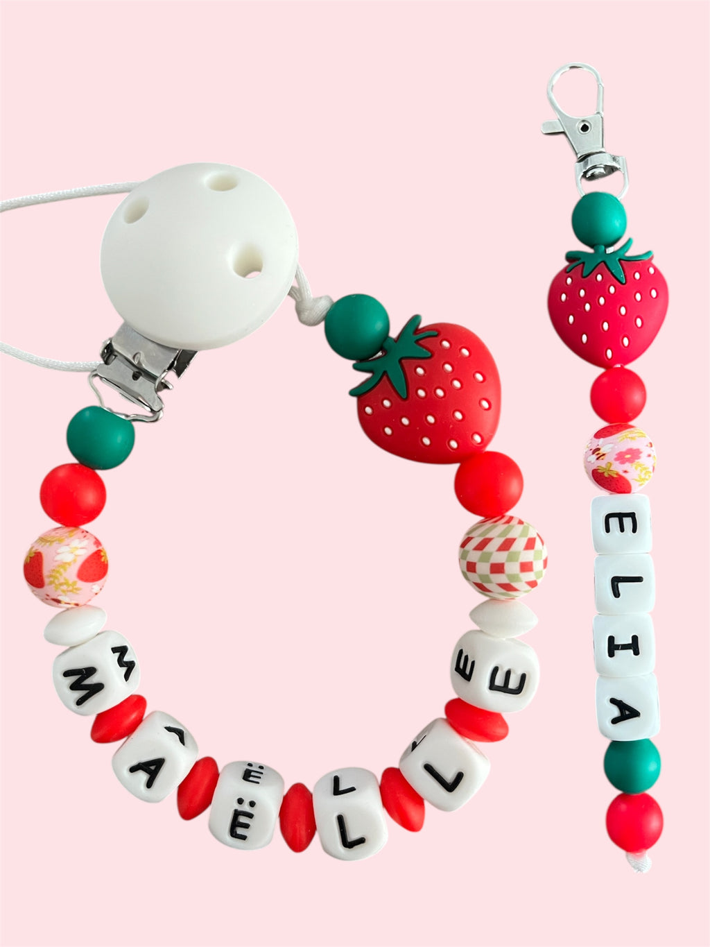 Coffret DUO cadeaux Fraise - Attache tétine et Porte-clés à personnaliser