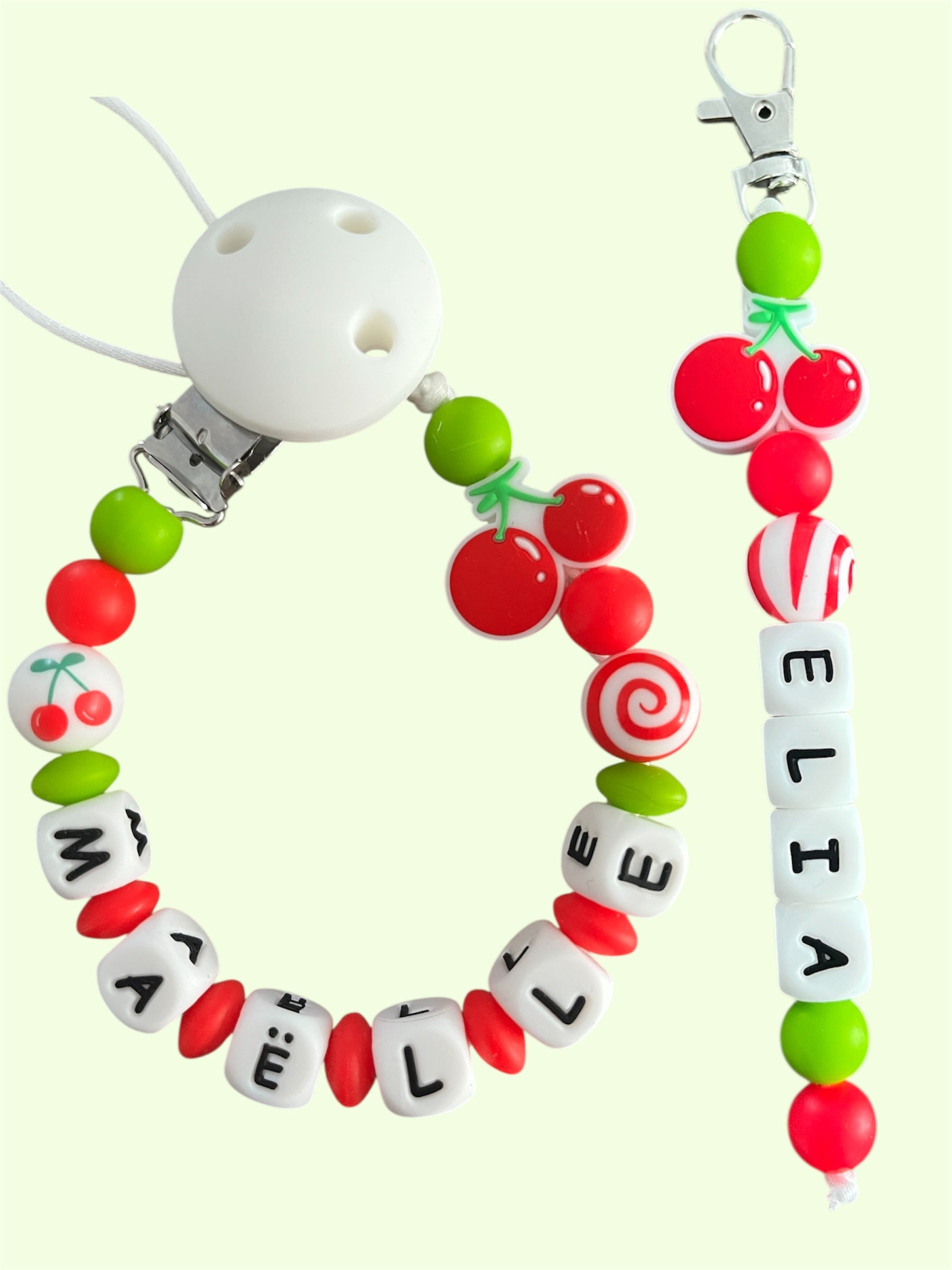 Coffret DUO cadeaux Cerises - Attache tétine et Porte-clés à personnaliser