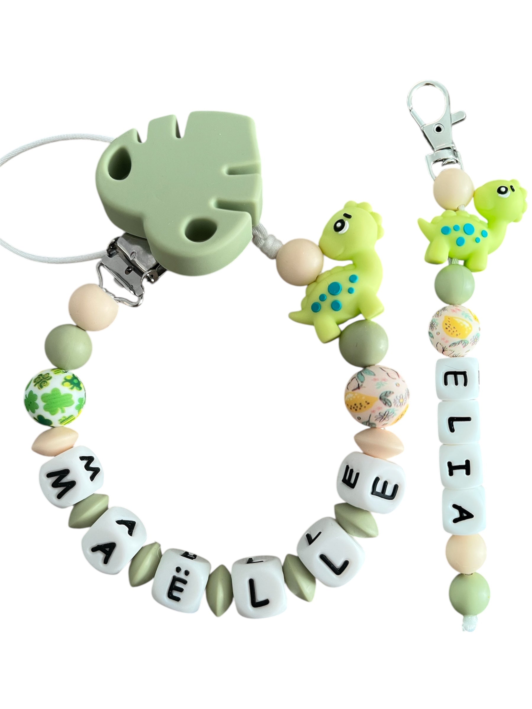 Coffret DUO cadeaux Dinosaures- Attache tétine et Porte-clés à personnaliser