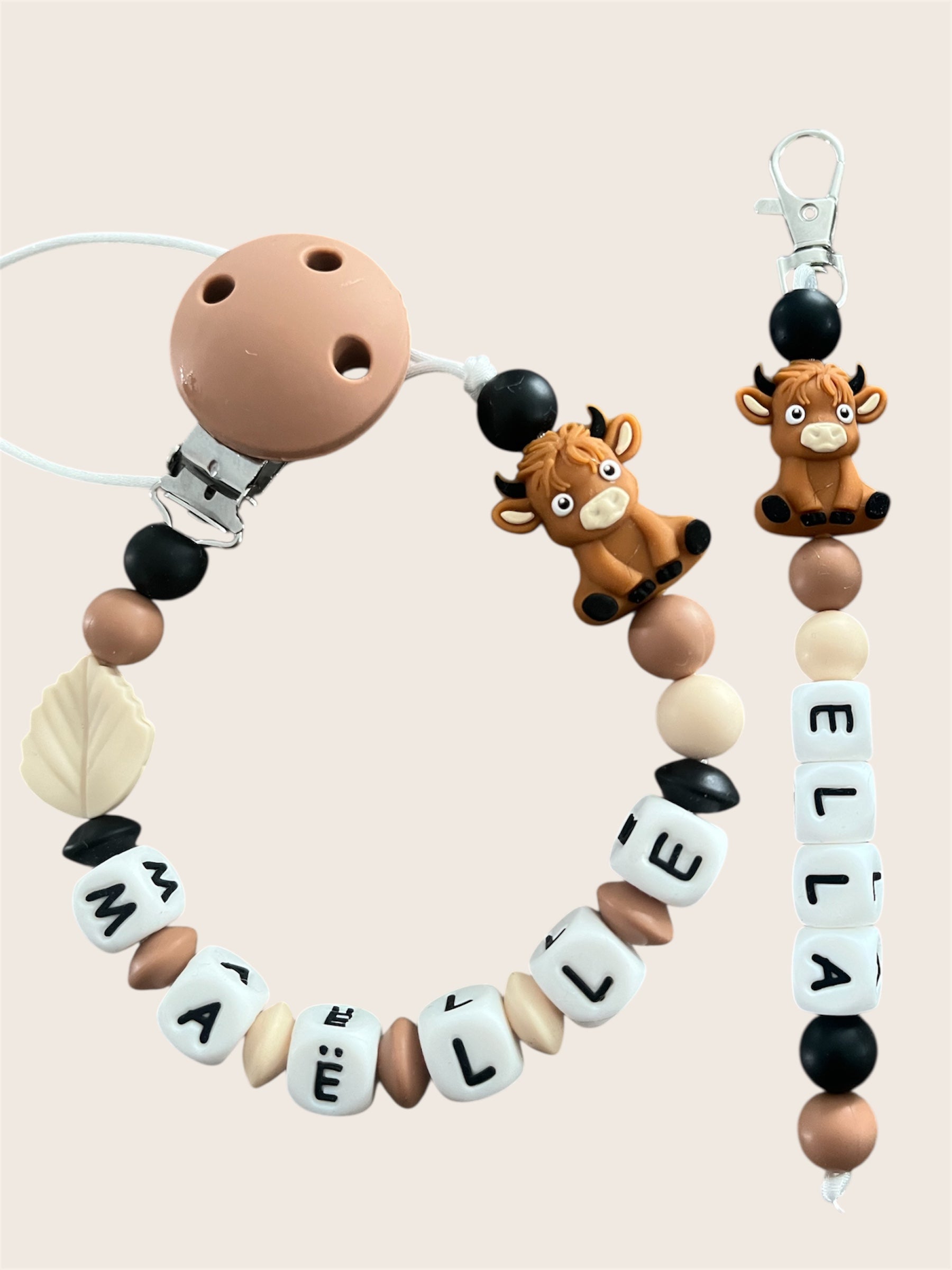 Coffret DUO cadeaux Vache - Attache tétine et Porte-clés à personnaliser