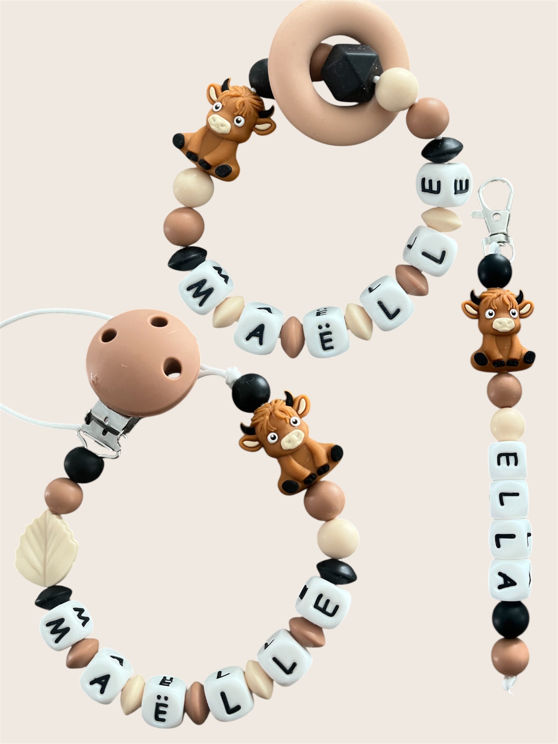 Coffret TRIO naissance Vache - Attache tétine, Porte-clés et anneau de dentition personnalisés