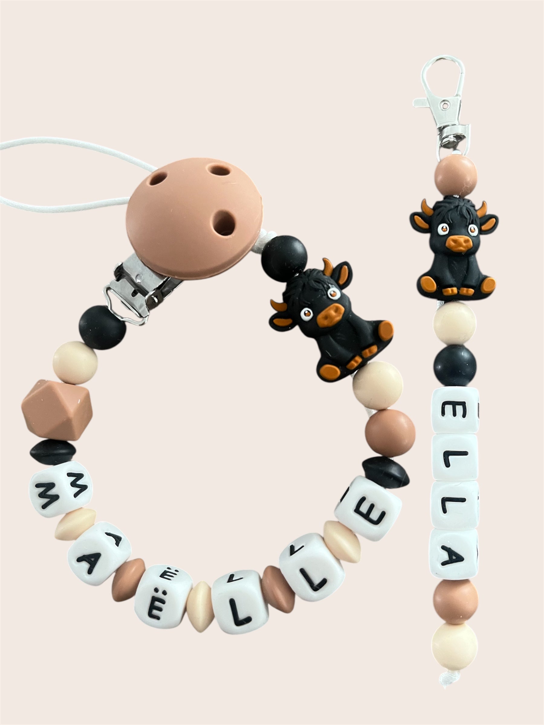 Coffret DUO cadeaux Vache - Attache tétine et Porte-clés à personnaliser